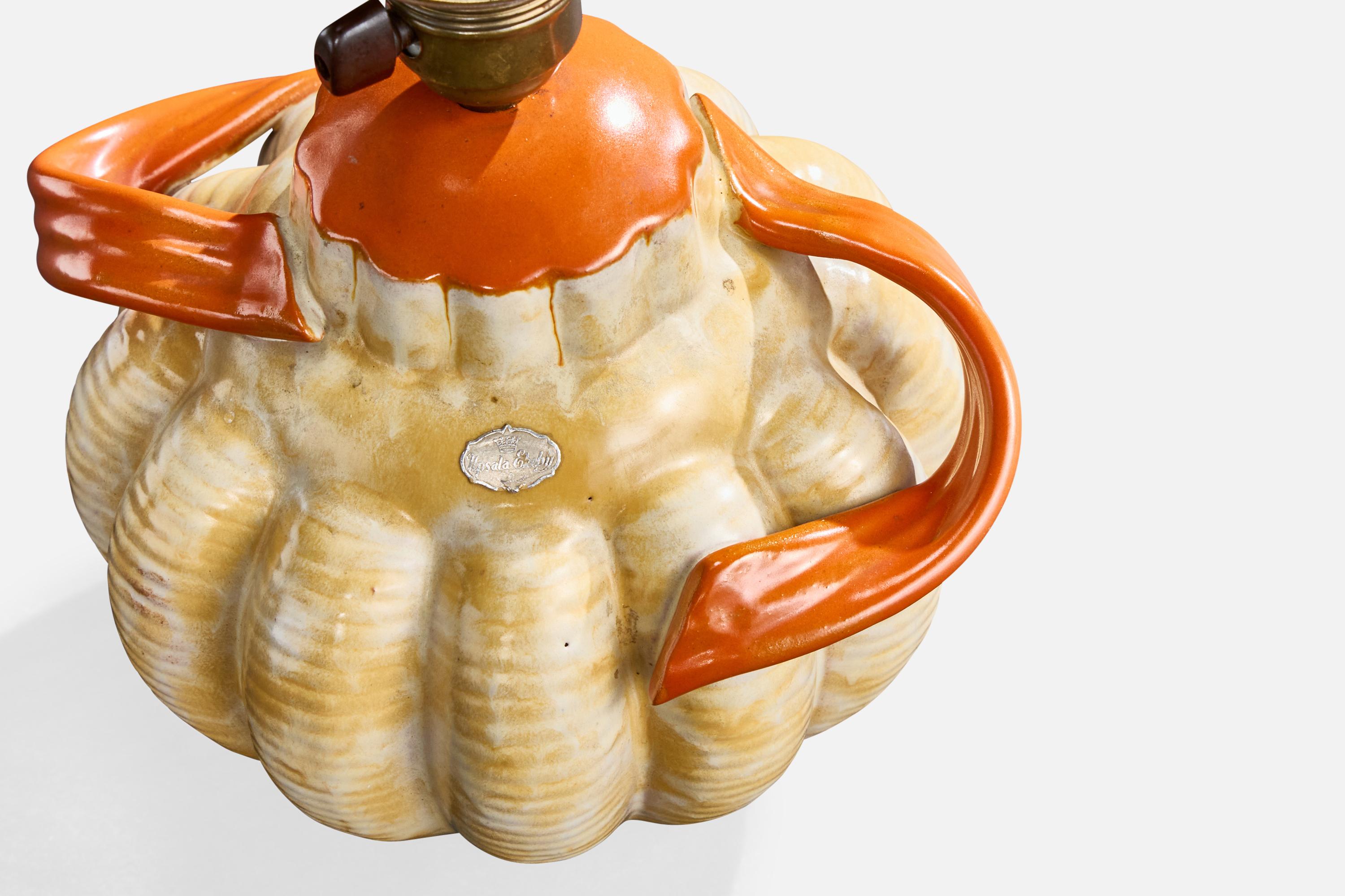 Suédois Lampe de bureau Upsala Ekeby, faïence, laiton, Suède, années 1930 en vente