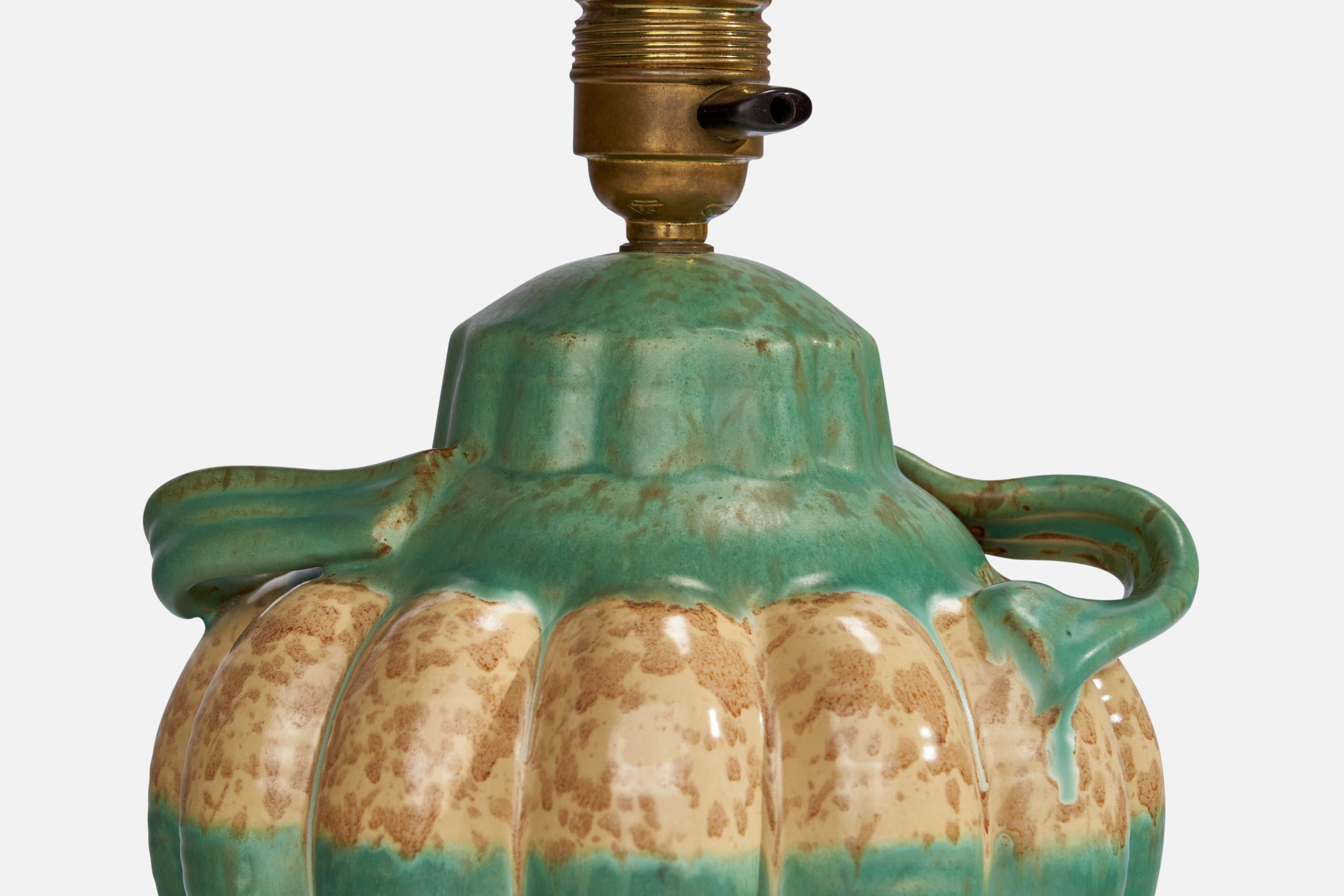 Upsala Ekeby, Table Lamp, Earthenware, Brass, Sweden, 1930s In Good Condition For Sale In High Point, NC