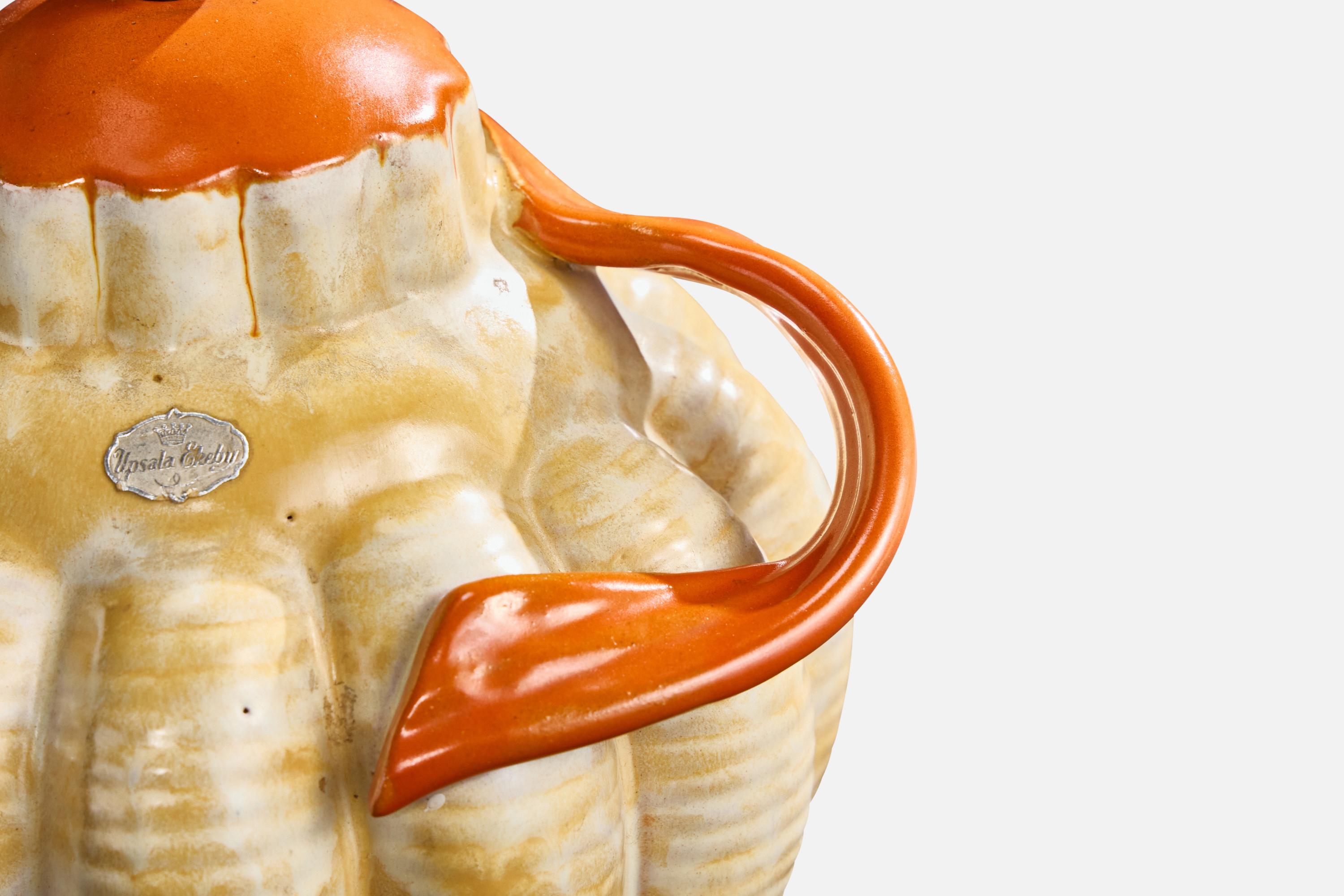 Milieu du XXe siècle Lampe de bureau Upsala Ekeby, faïence, laiton, Suède, années 1930 en vente