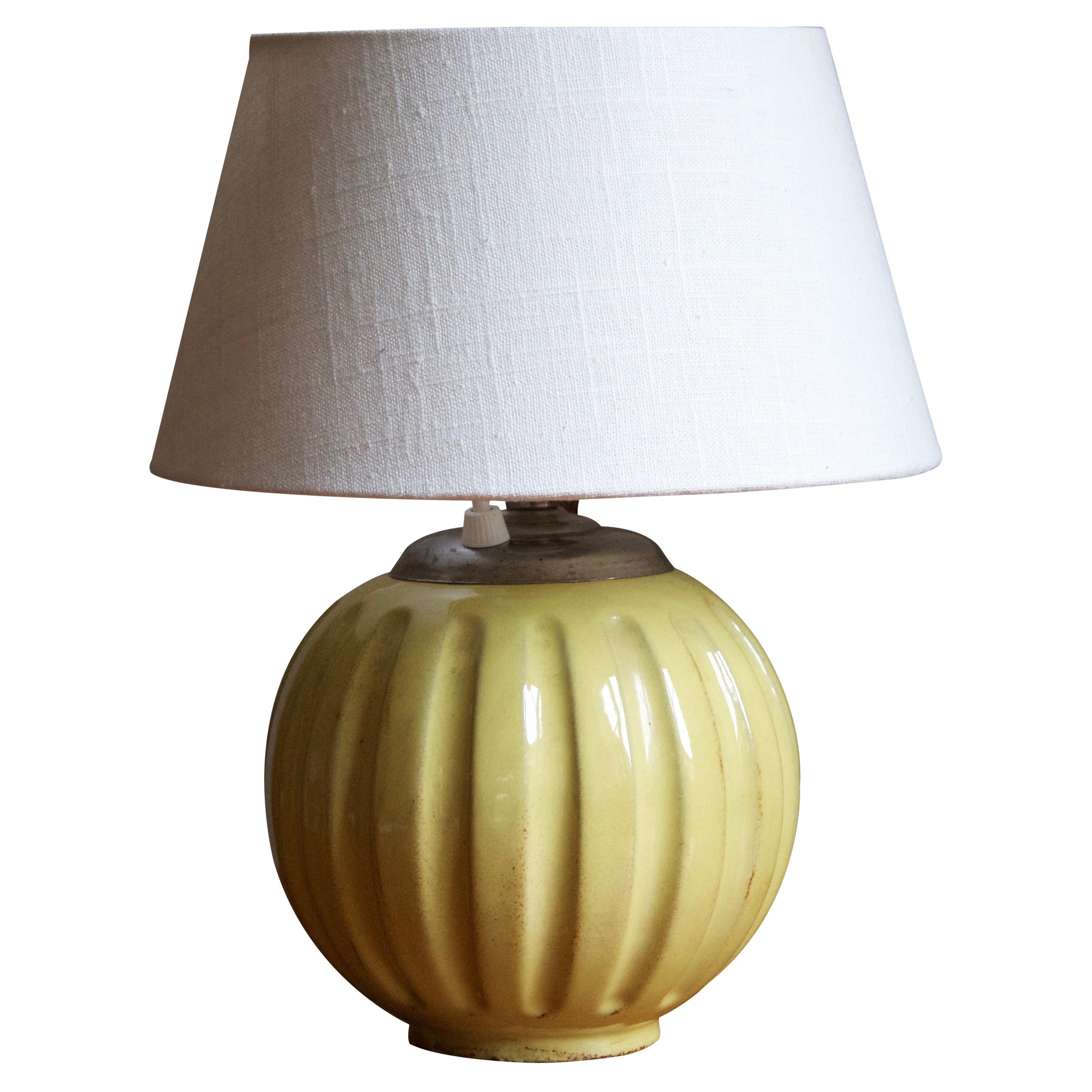 UpsalaEkeby, Fluted Table Lamp, Green Glazed Ceramic, Brass, Sweden