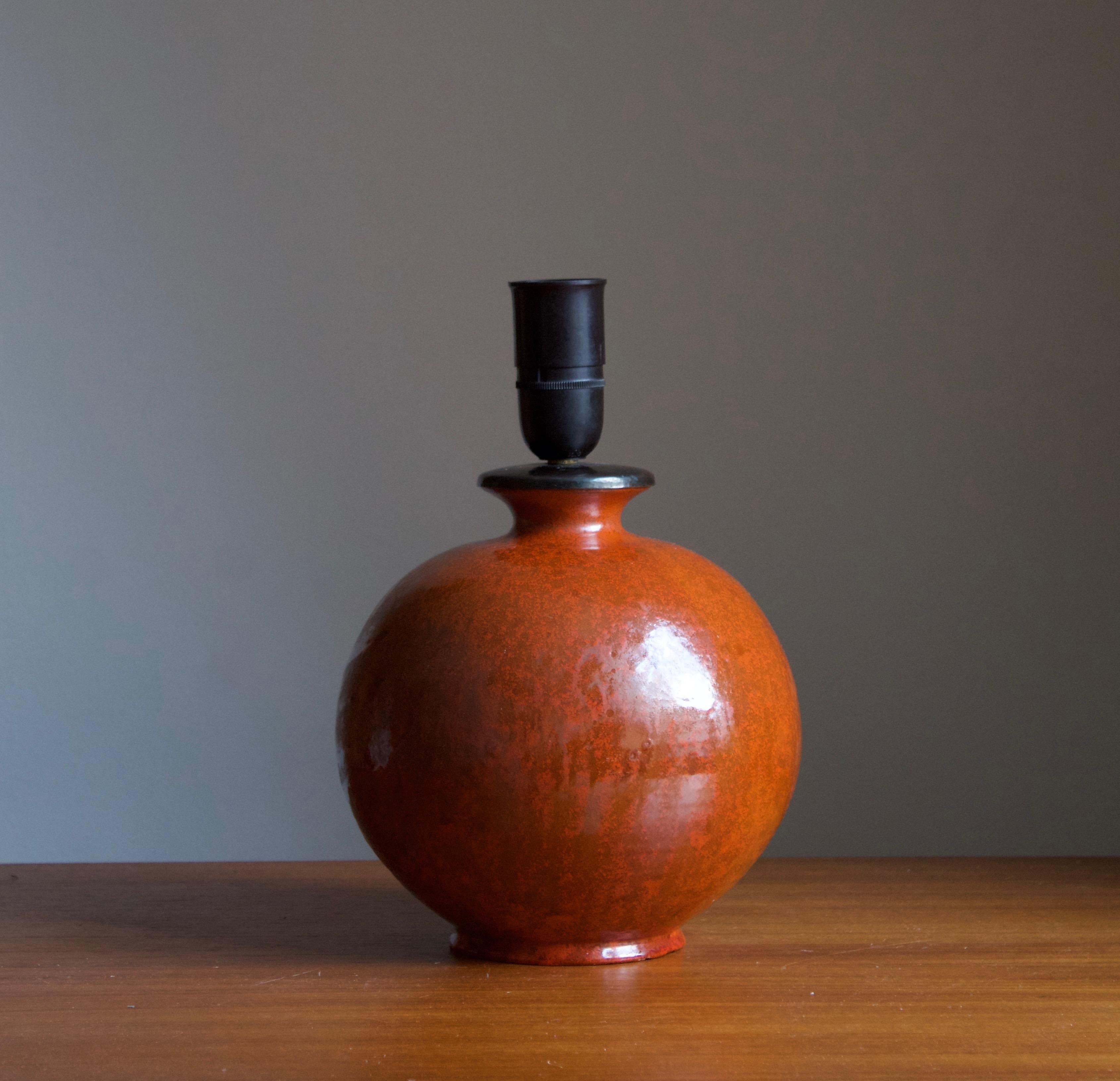 Art Deco Upsala-Ekeby, Table Lamp, Orange Glazed Earthenware, Sweden, 1930s