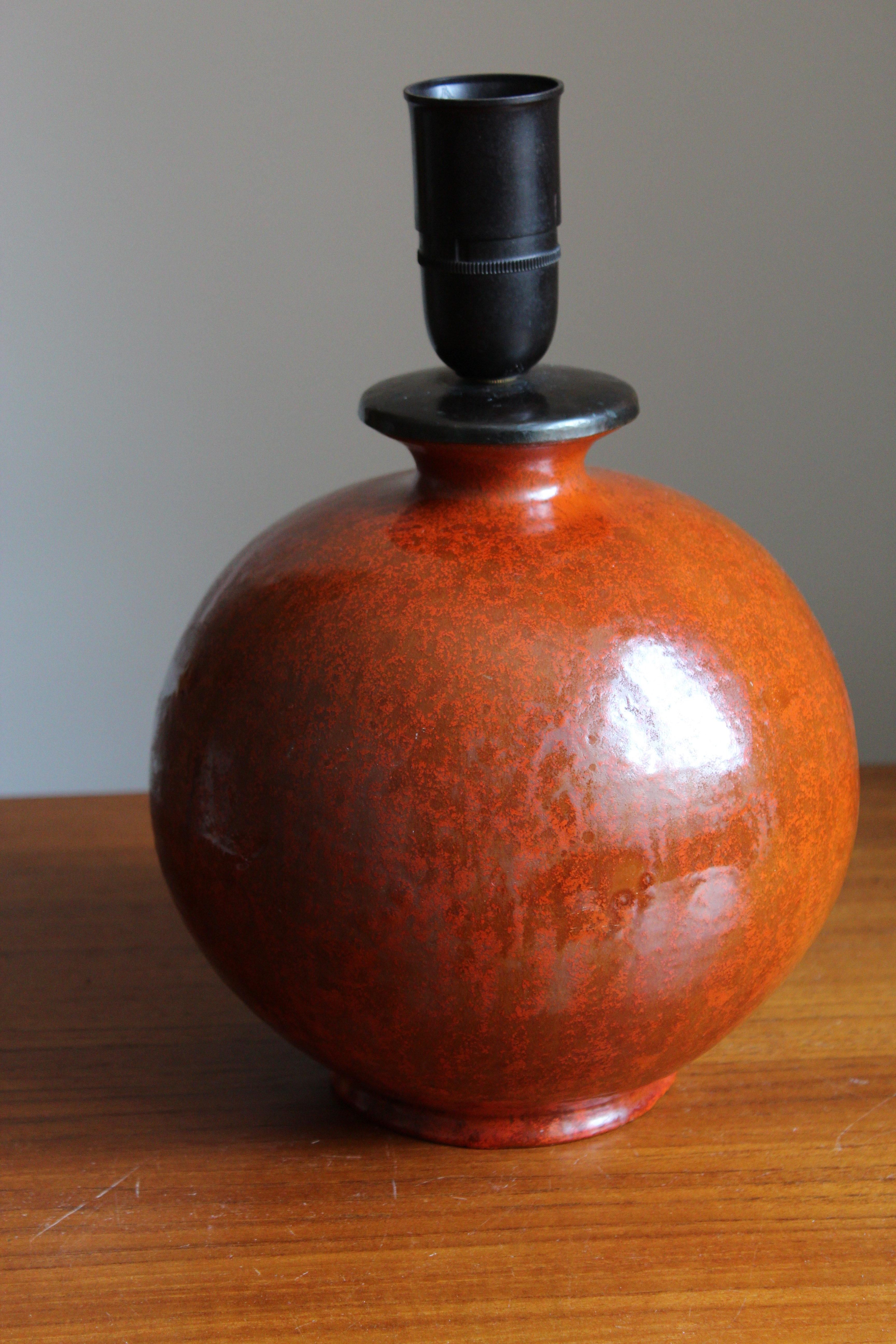 Swedish Upsala-Ekeby, Table Lamp, Orange Glazed Earthenware, Sweden, 1930s