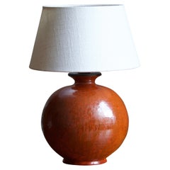 Upsala-Ekeby, Table Lamp, Orange Glazed Earthenware, Sweden, 1930s
