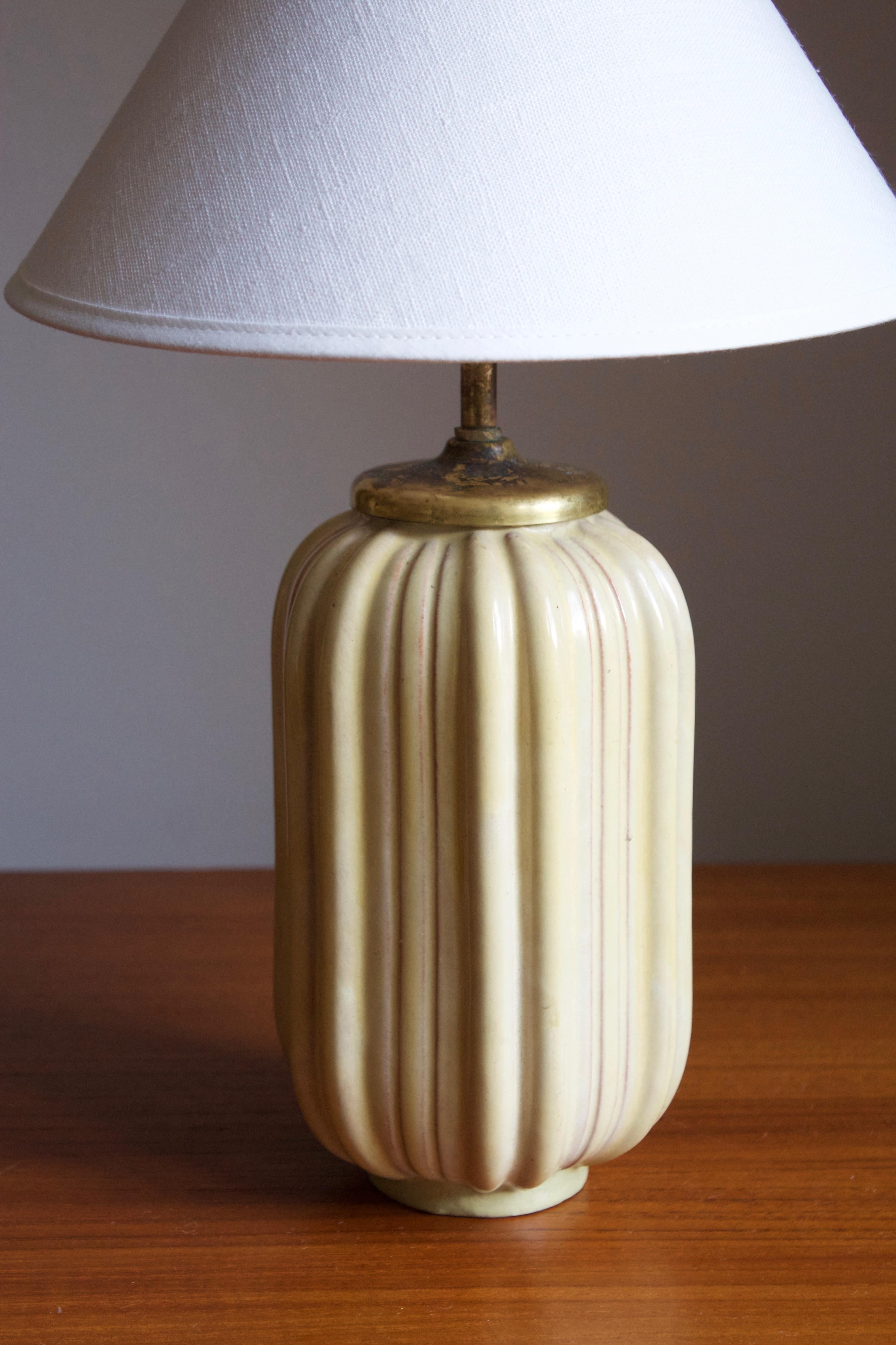 Art Deco Upsala-Ekeby, Table lamp, Yellow Glazed Stoneware, Brass, Sweden, 1930s