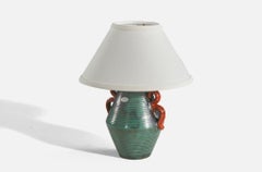 Upsala-Ekeby, Table Lamp, Green and Red-Glazed Earthenware, Brass, Sweden, 1940s