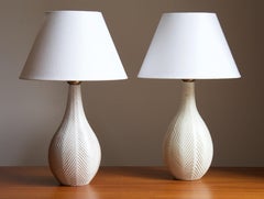 Upsala-Ekeby, Table Lamps, Painted and Incised Ceramic, Brass, Sweden, 1930s