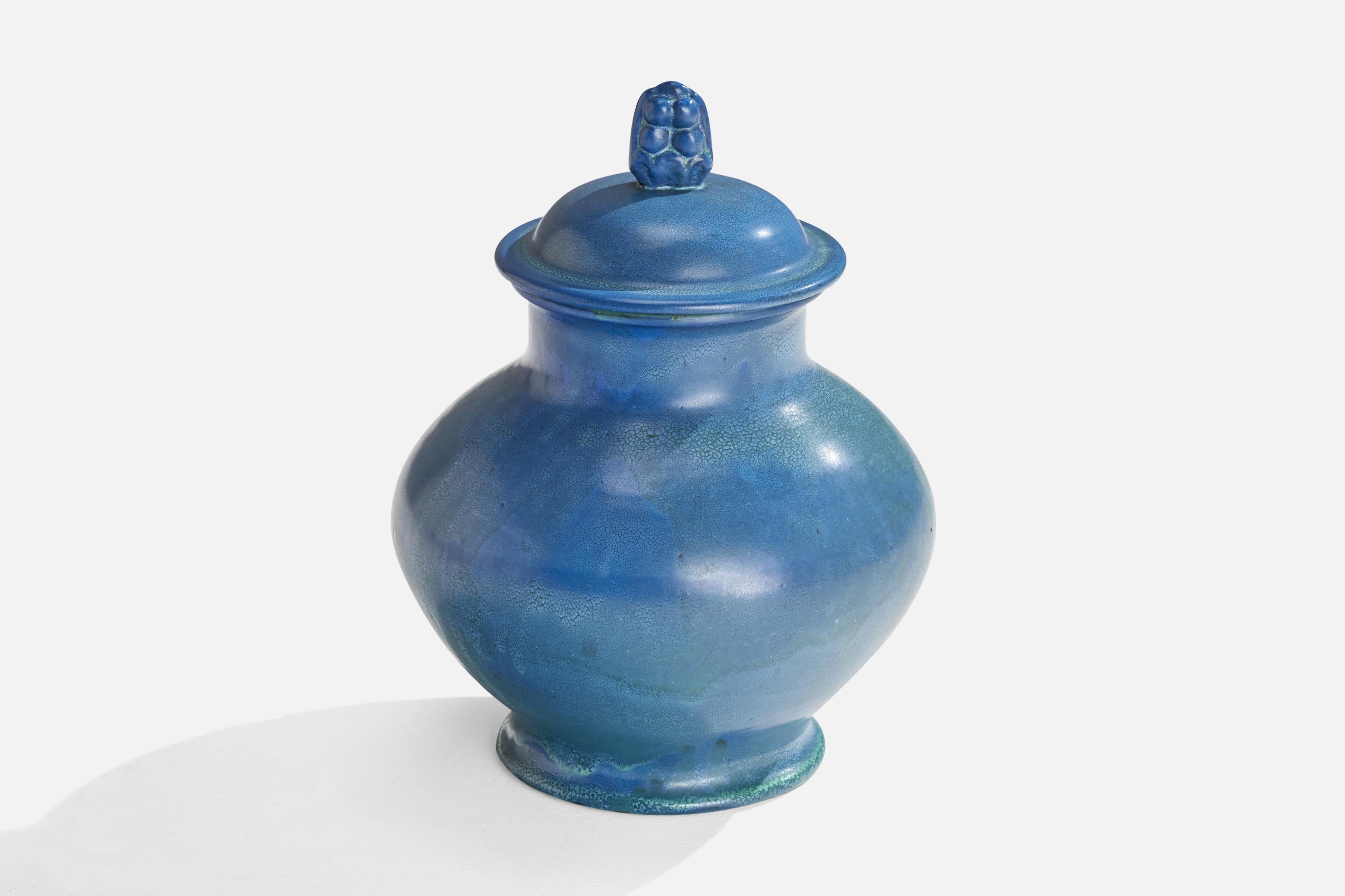 A sizeable blue-glazed earthenware urn designed and produced by Upsala Ekeby, Sweden, c. 1930s.