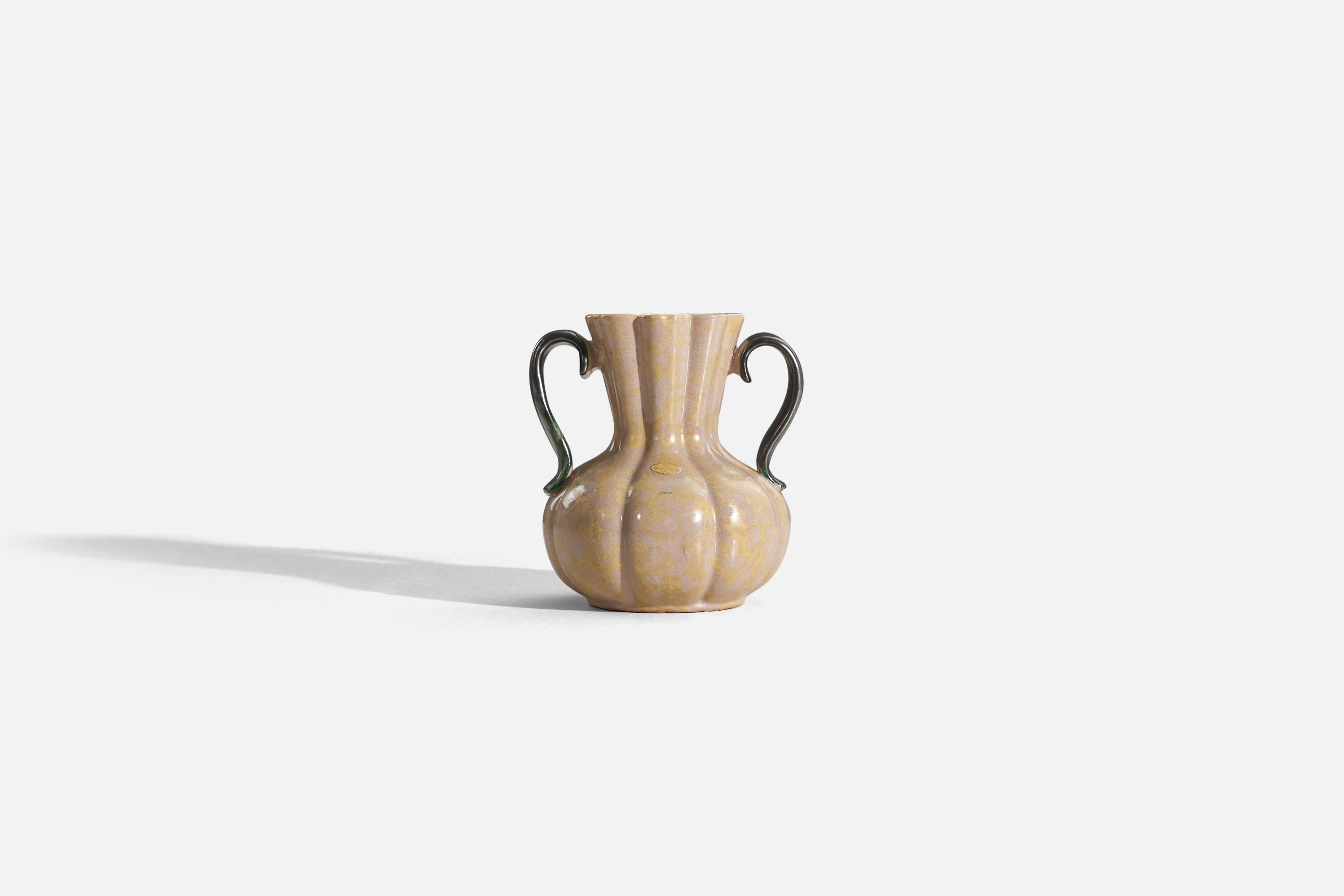 A beige and green, glazed earthenware vase designed and produced by Upsala-Ekeby, Sweden, 1940s.

