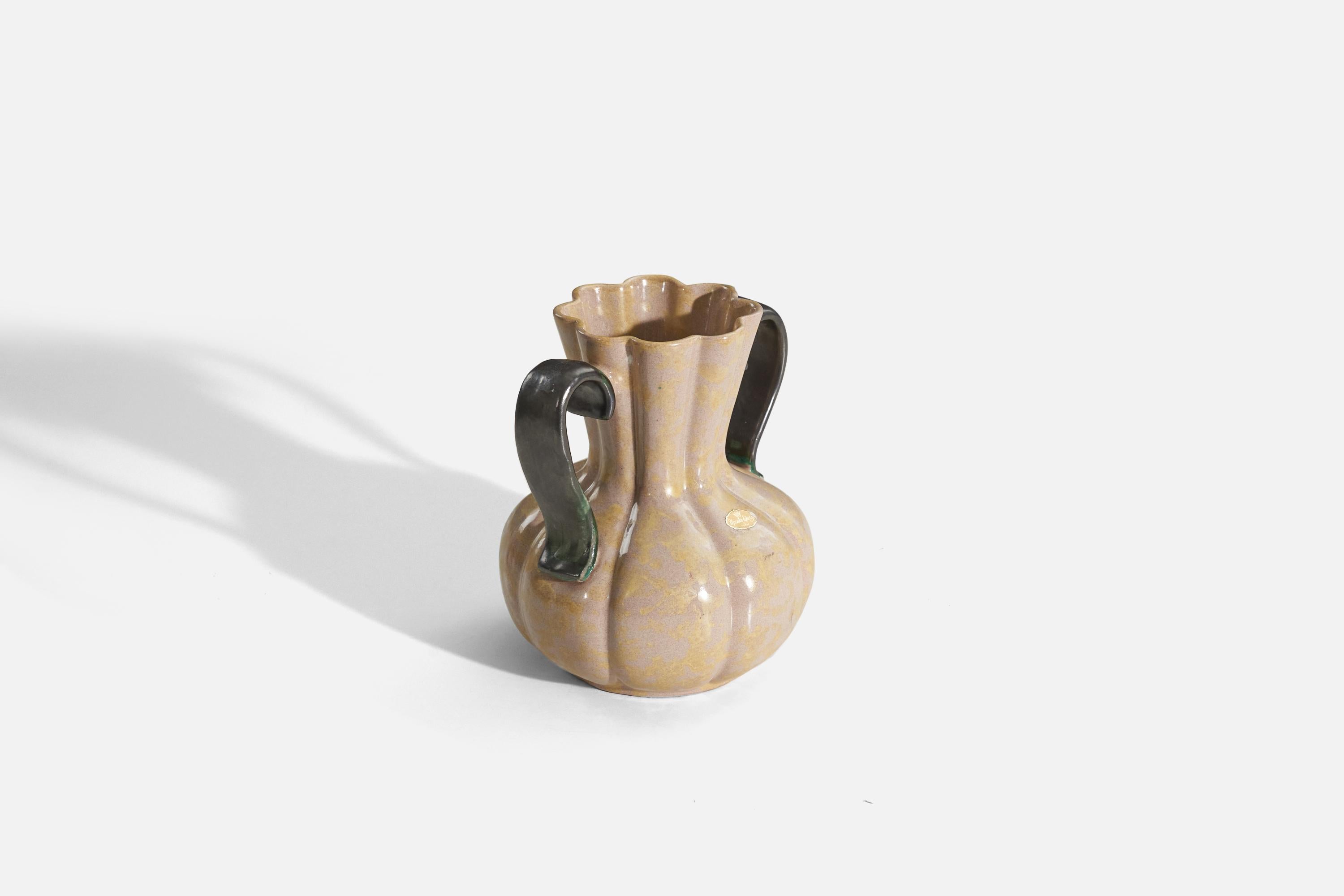 Scandinavian Modern Upsala-Ekeby, Vase, Beige and Green-Glazed Earthenware, Sweden, 1940s For Sale
