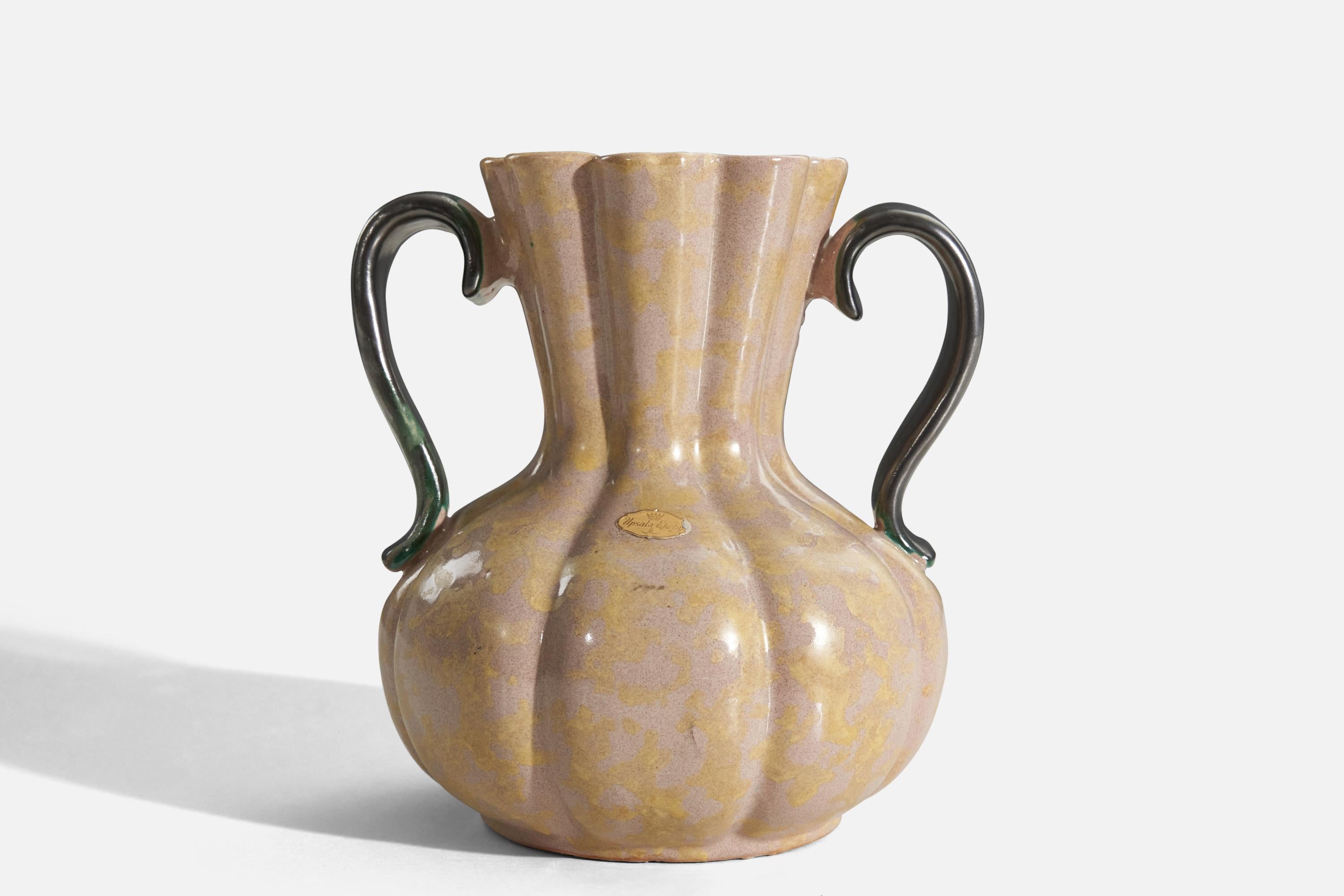 Swedish Upsala-Ekeby, Vase, Beige and Green-Glazed Earthenware, Sweden, 1940s For Sale