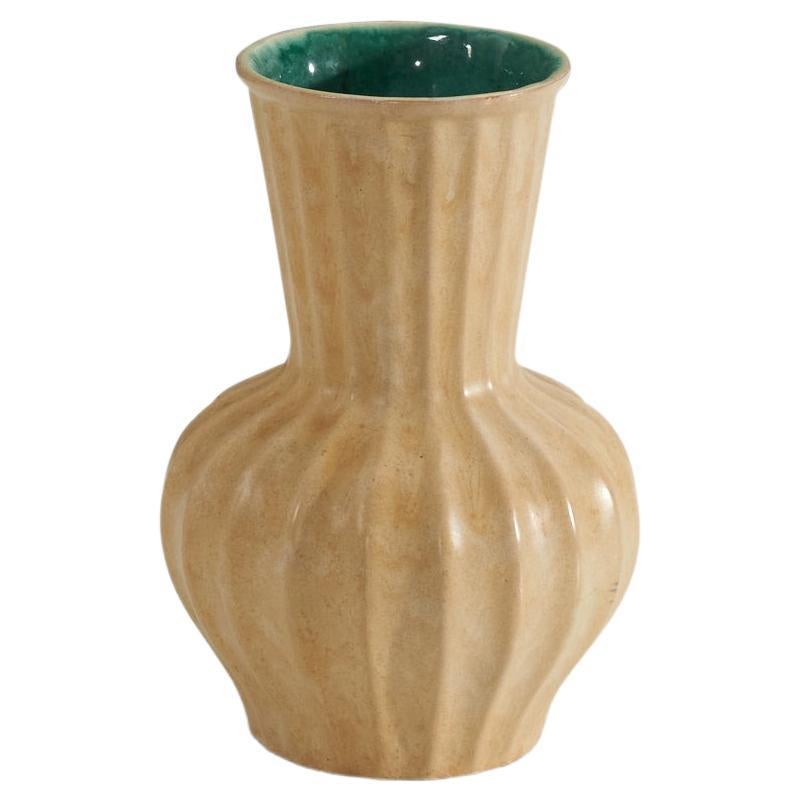 Upsala-Ekeby, Vase, Beige and Green-Glazed Earthenware, Sweden, 1940s For Sale