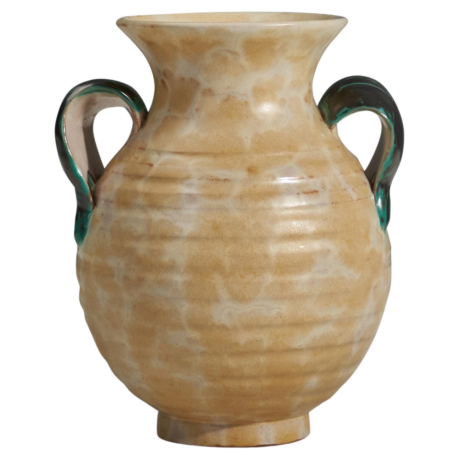Upsala-Ekeby, Vase, Beige and Green Glazed Earthenware, Sweden, 1940s