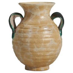  Upsala-Ekeby, Vase, beige und grün glasiertes Steingut, Schweden, 1940er Jahre