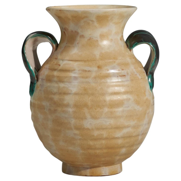 Upsala-Ekeby, Vase, Beige and Green Glazed Earthenware, Sweden, 1940s For Sale