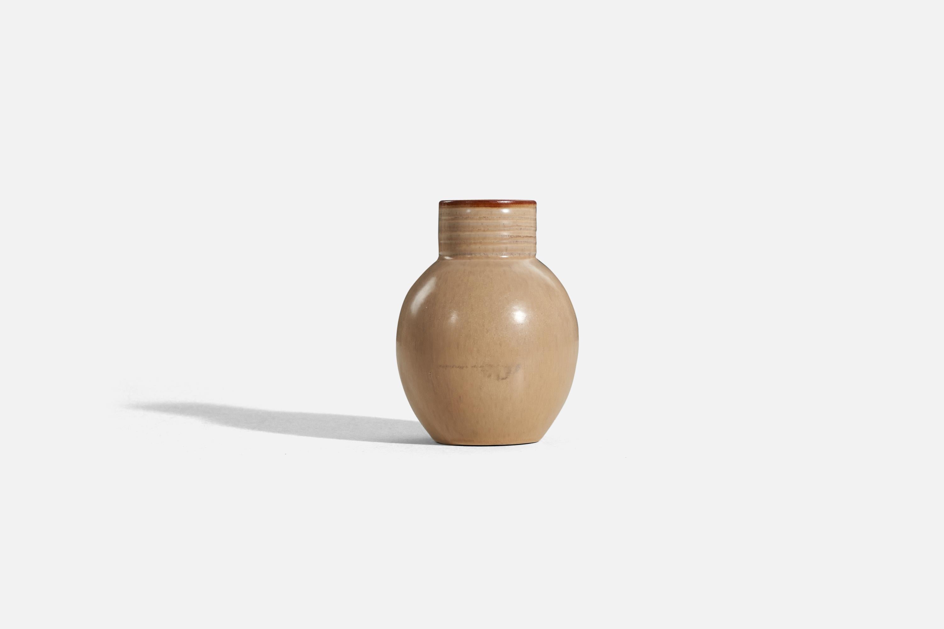 A beige and orange, glazed earthenware vase designed and produced by Upsala-Ekeby, Sweden, c. 1940s.

