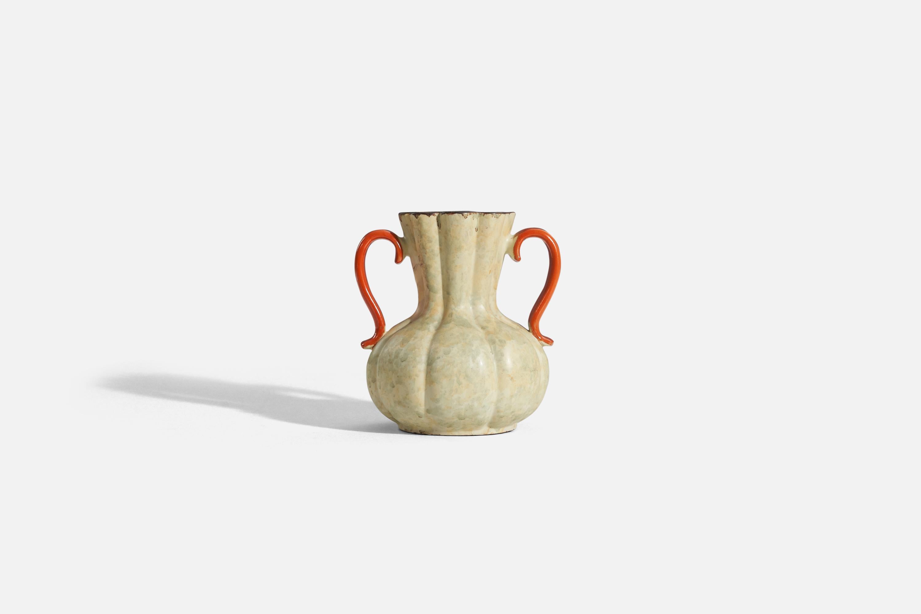 A beige and orange, glazed earthenware vase designed and produced by Upsala-Ekeby, Sweden, c. 1940s.

