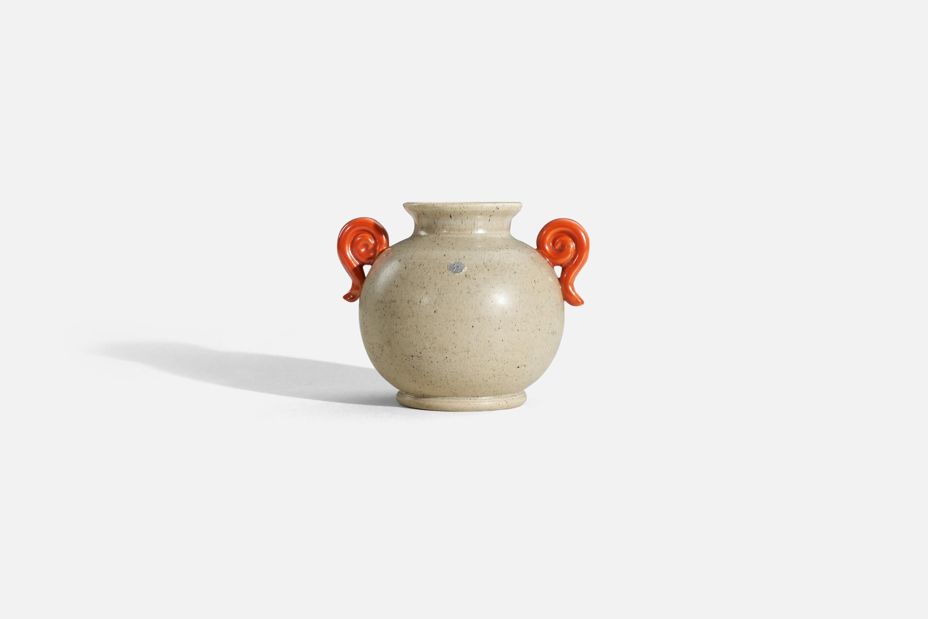 A beige and orange, glazed earthenware vase designed and produced by Upsala-Ekeby, Sweden, c. 1940s.

 