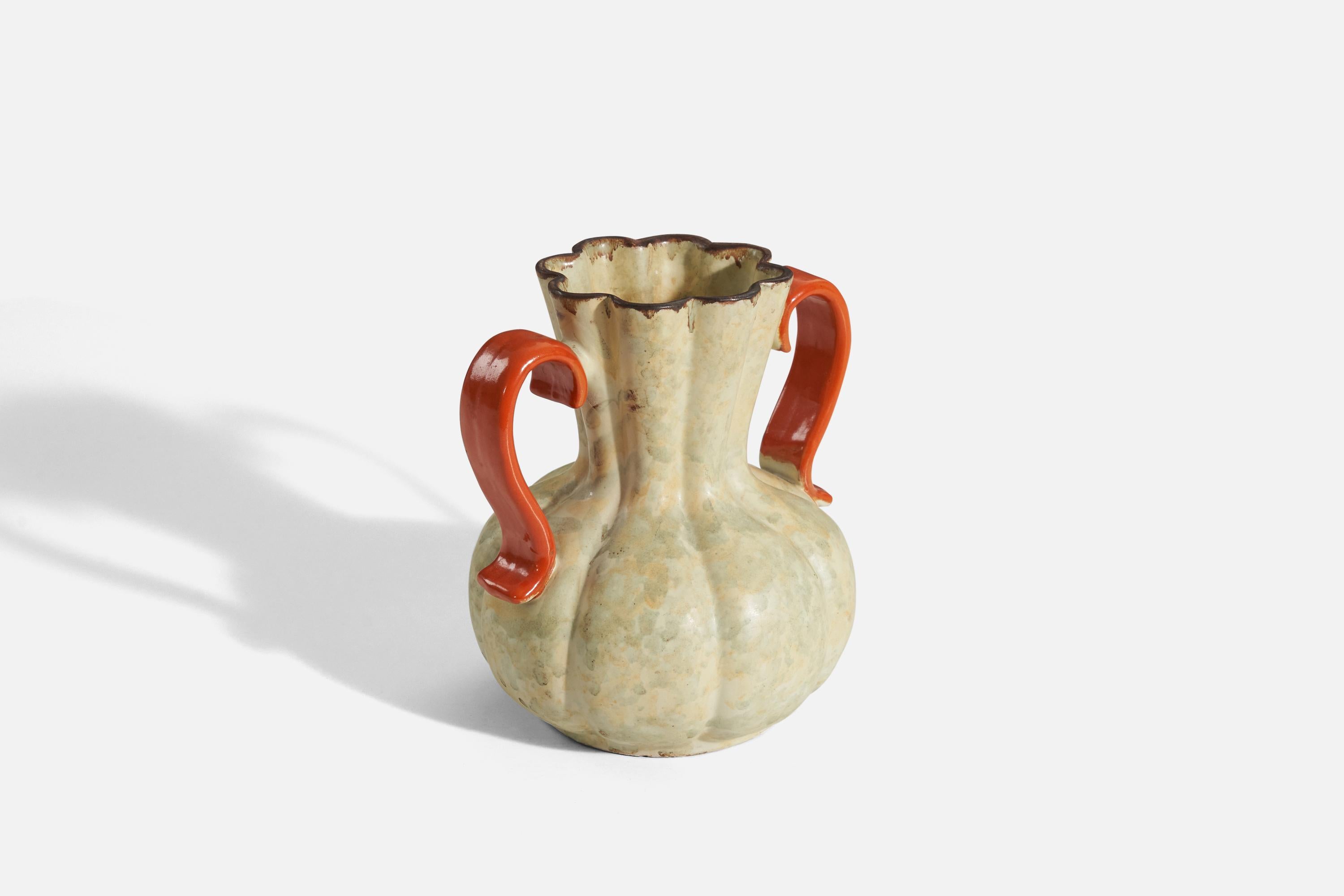 Scandinavian Modern Upsala-Ekeby, Vase, Beige and Orange-Glazed Earthenware, Sweden, 1940s For Sale