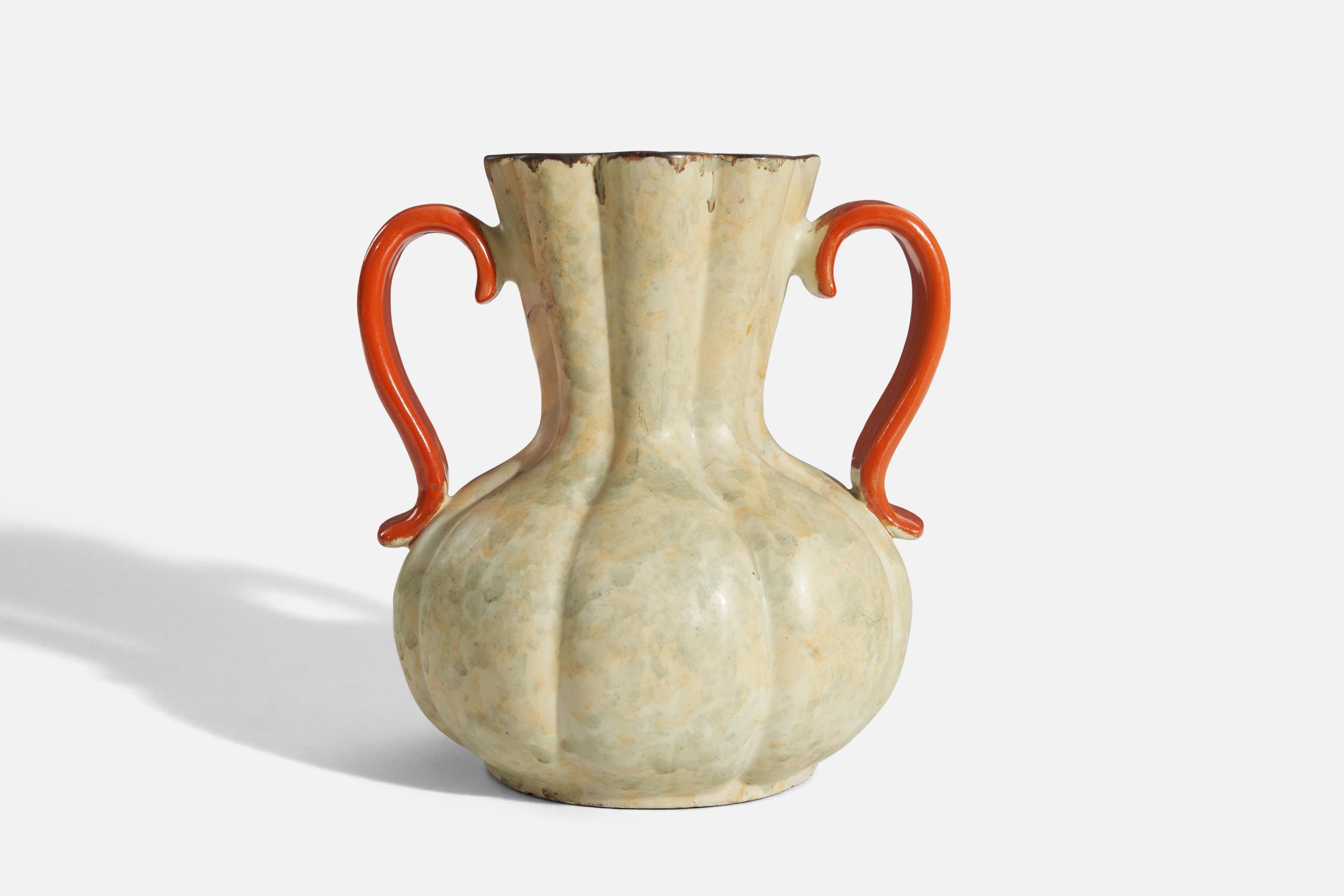 Upsala-Ekeby, Vase, Beige and Orange-Glazed Earthenware, Sweden, 1940s In Good Condition For Sale In High Point, NC