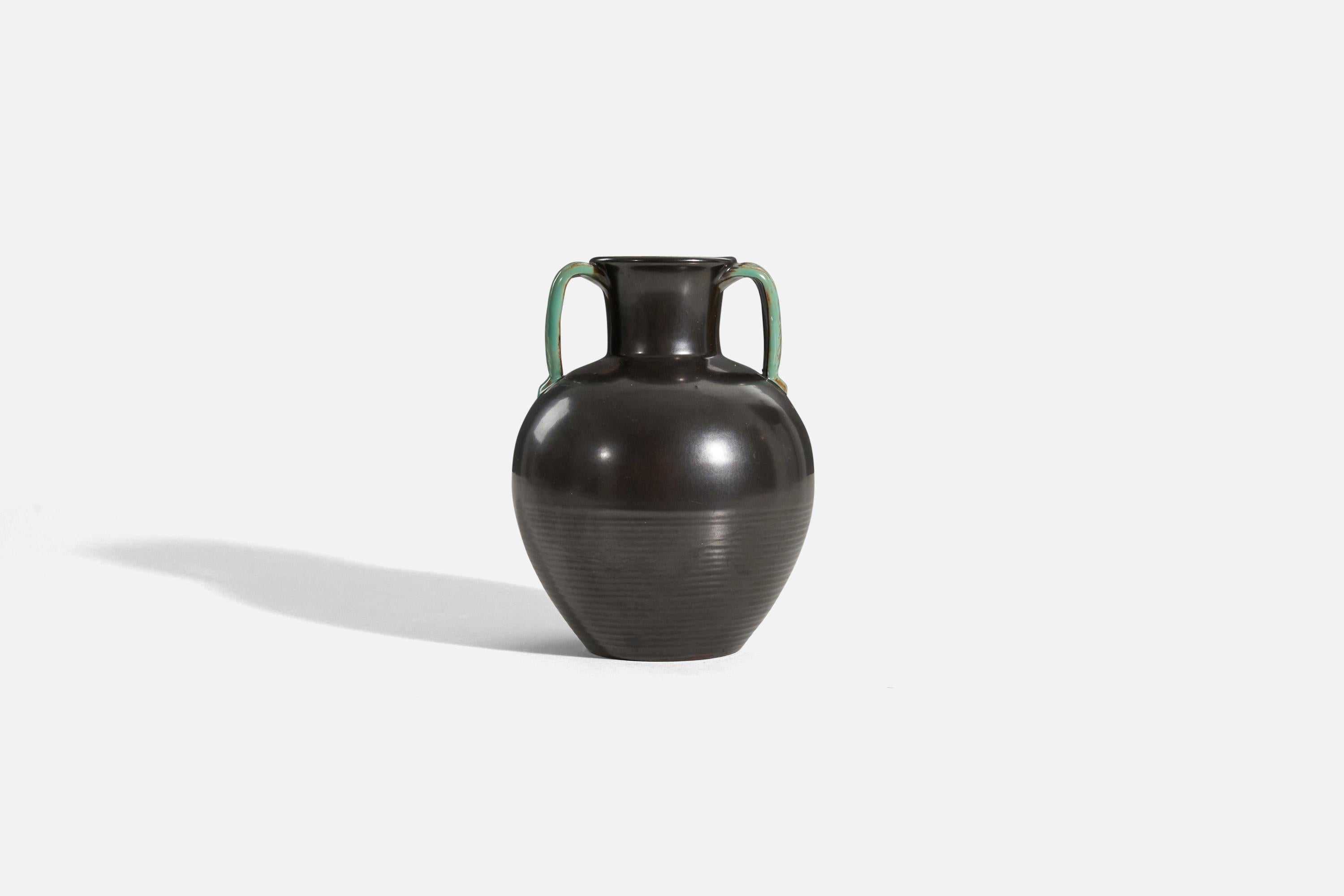 A black and green, glazed earthenware vase designed and produced by Upsala-Ekeby, Sweden, 1940s.


