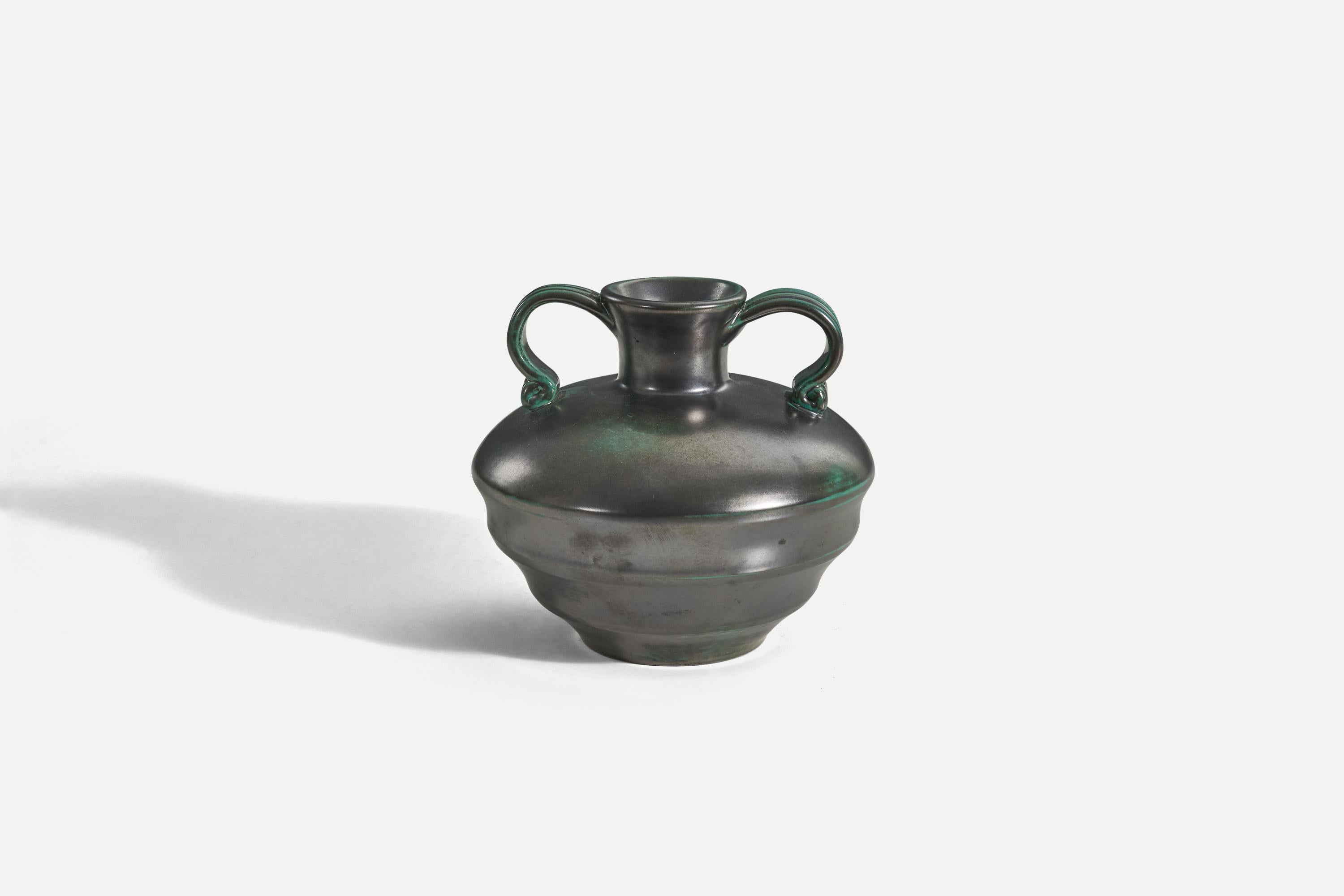 A black and green, glazed earthenware vase designed and produced by Upsala-Ekeby, Sweden, 1940s. 

