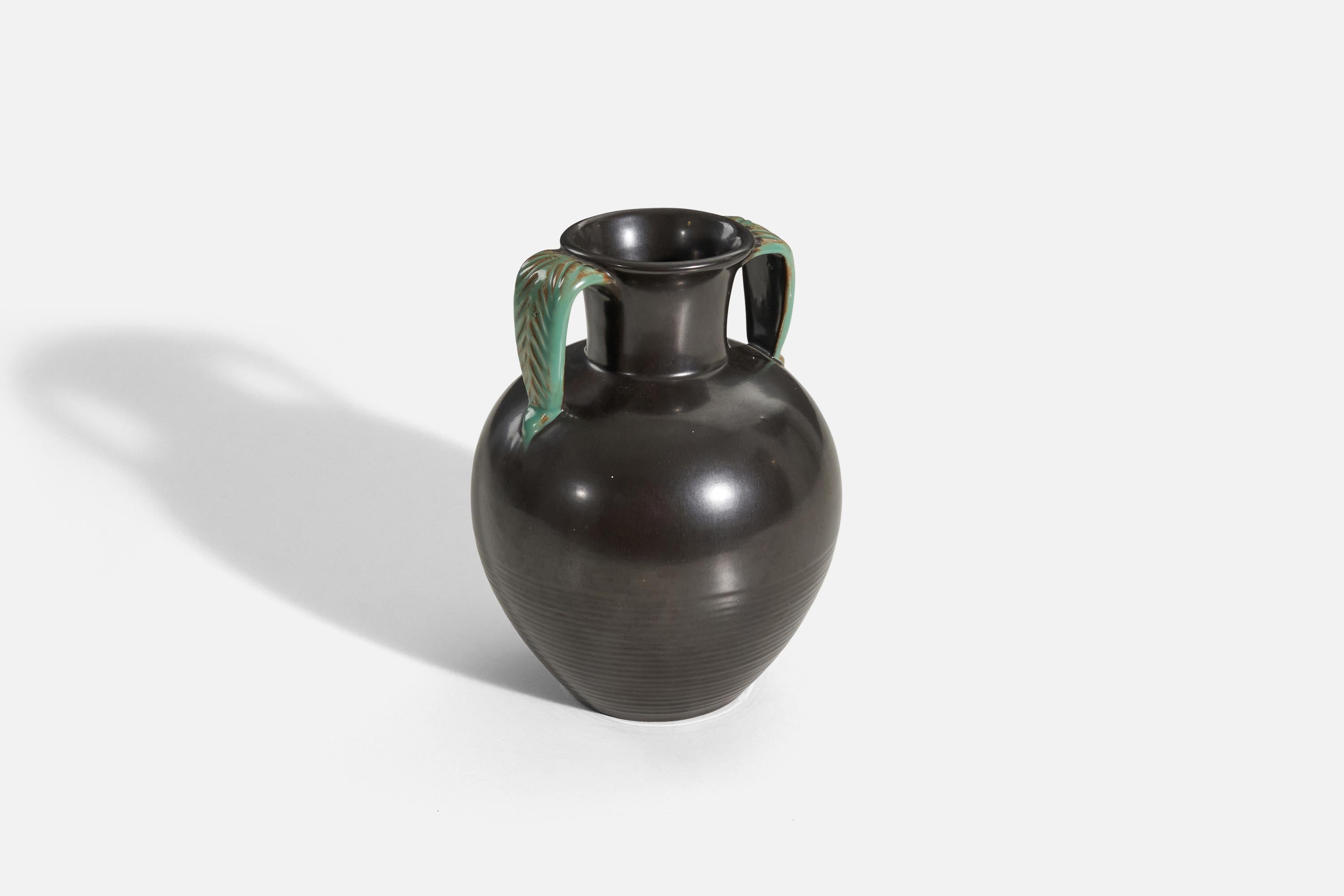 Scandinavian Modern Upsala-Ekeby, Vase, Black And Green-Glazed Earthenware, Sweden, 1940s For Sale
