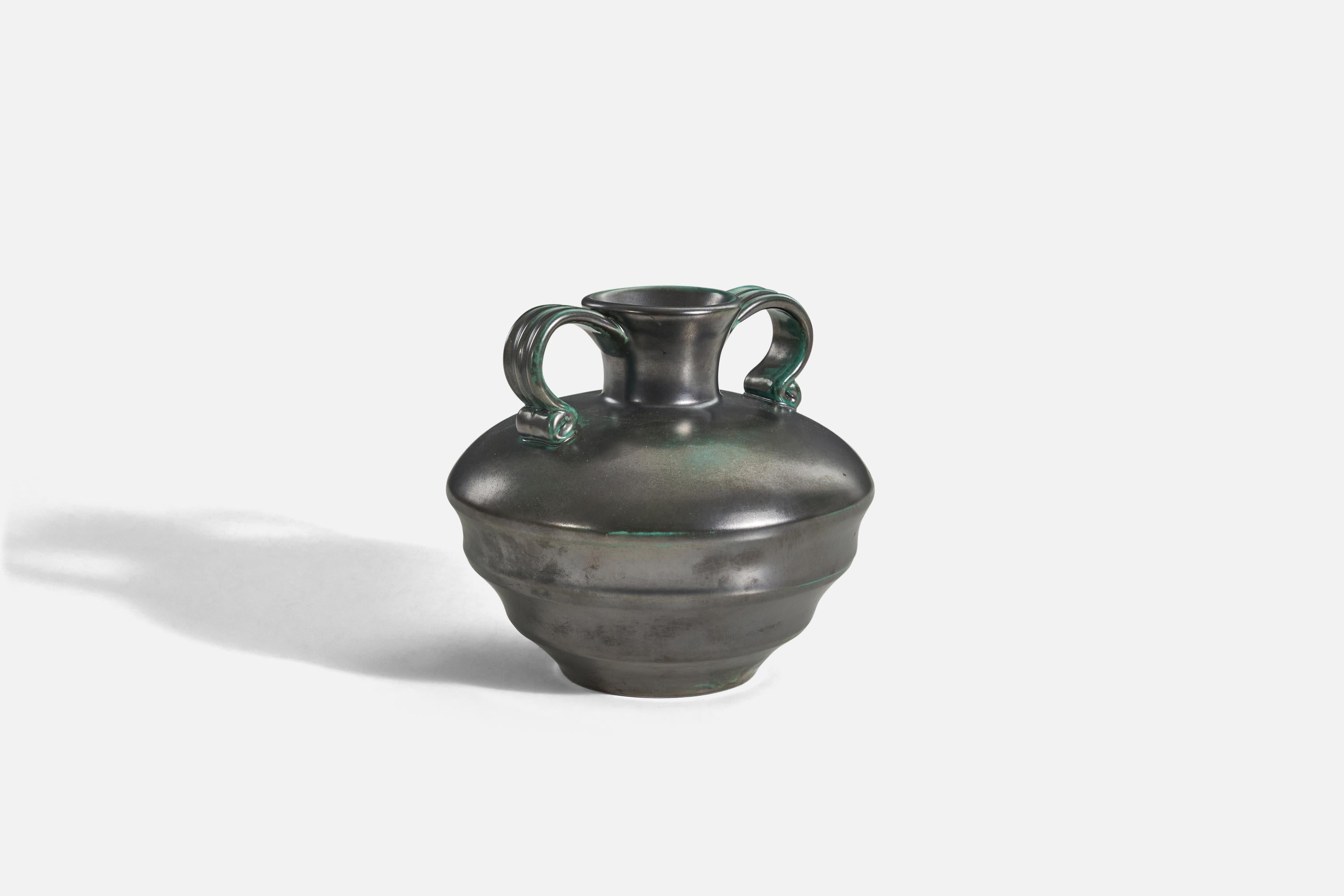 Scandinavian Modern Upsala-Ekeby, Vase, Black And Green-Glazed Earthenware, Sweden, 1940s For Sale