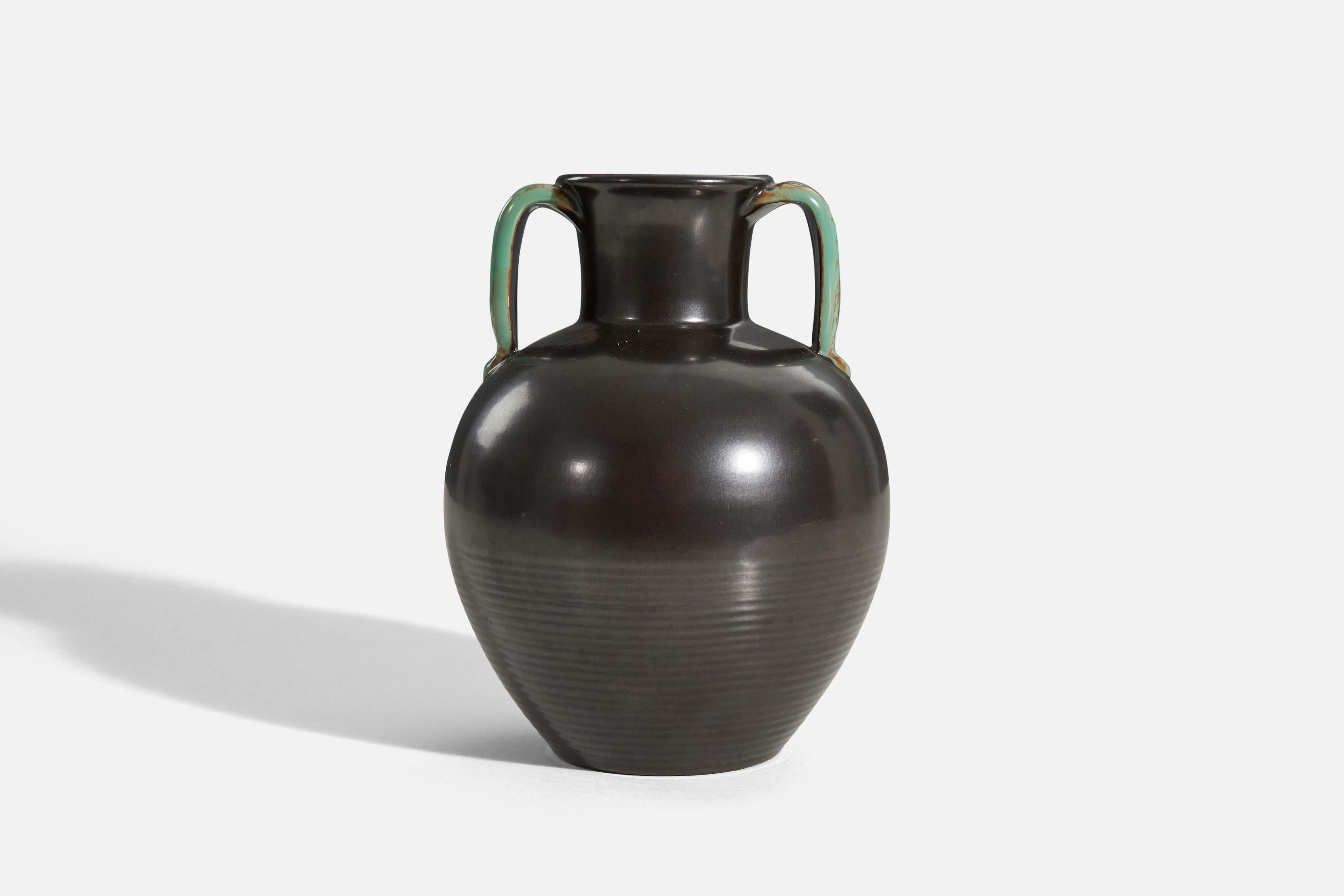 Swedish Upsala-Ekeby, Vase, Black And Green-Glazed Earthenware, Sweden, 1940s For Sale