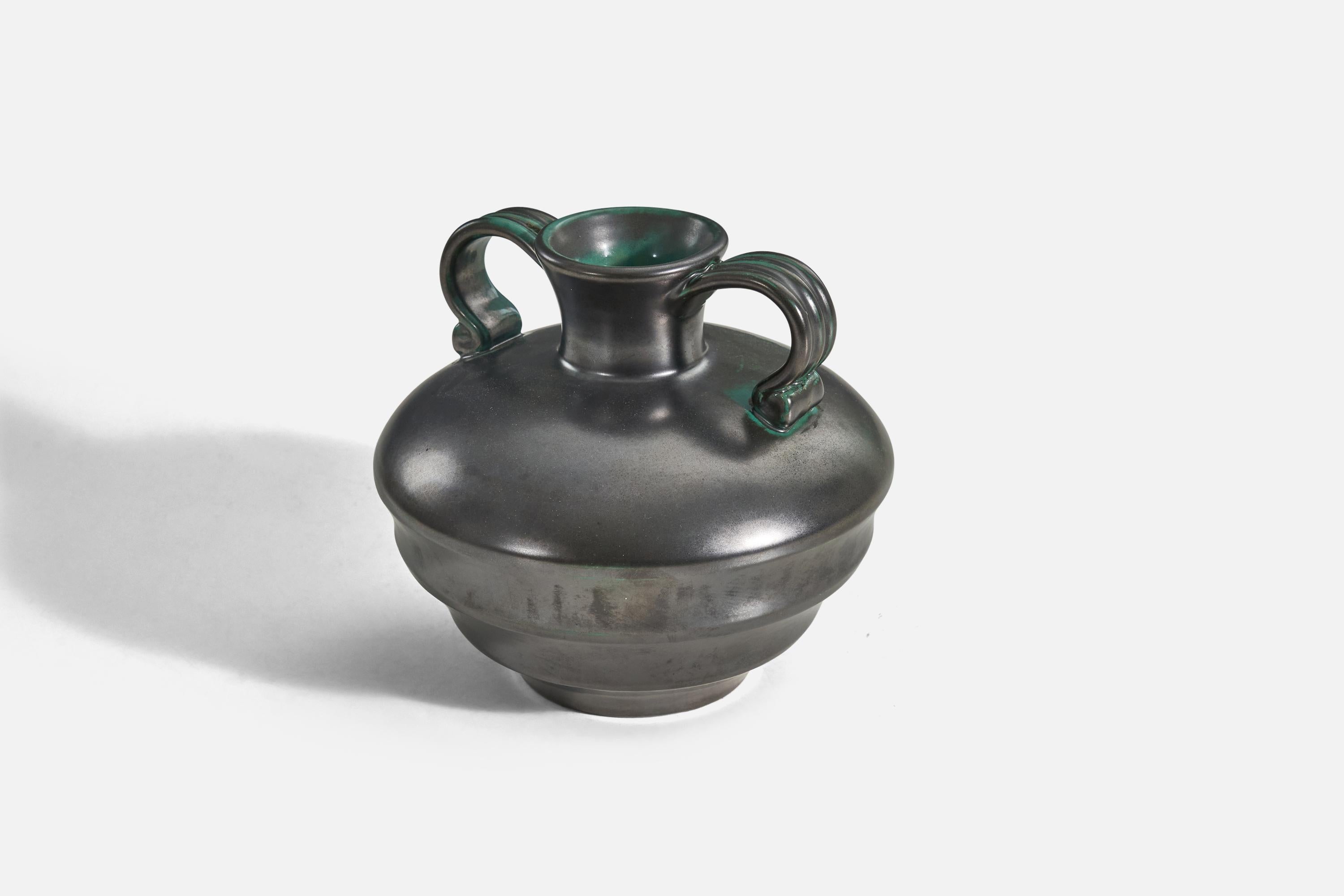Svedese Upsala Ekeby, Vaso, Terracotta smaltata nera e verde, Svezia, anni '40 in vendita