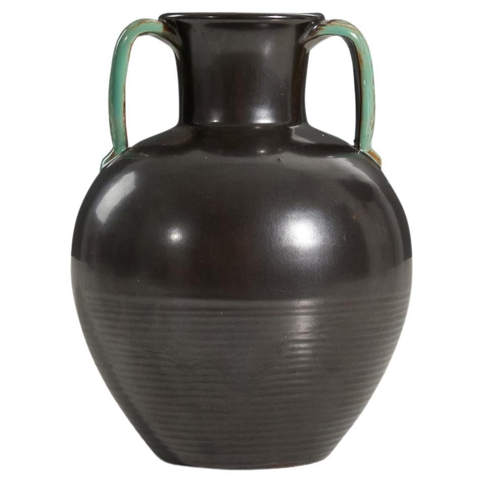 Upsala-Ekeby, Vase, Black And Green-Glazed Earthenware, Sweden, 1940s For Sale