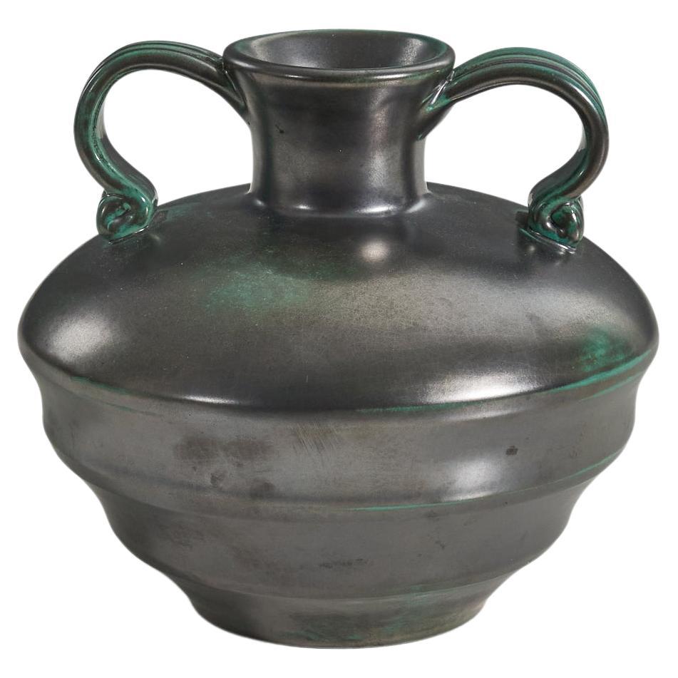 Upsala-Ekeby, Vase, Black And Green-Glazed Earthenware, Sweden, 1940s For Sale