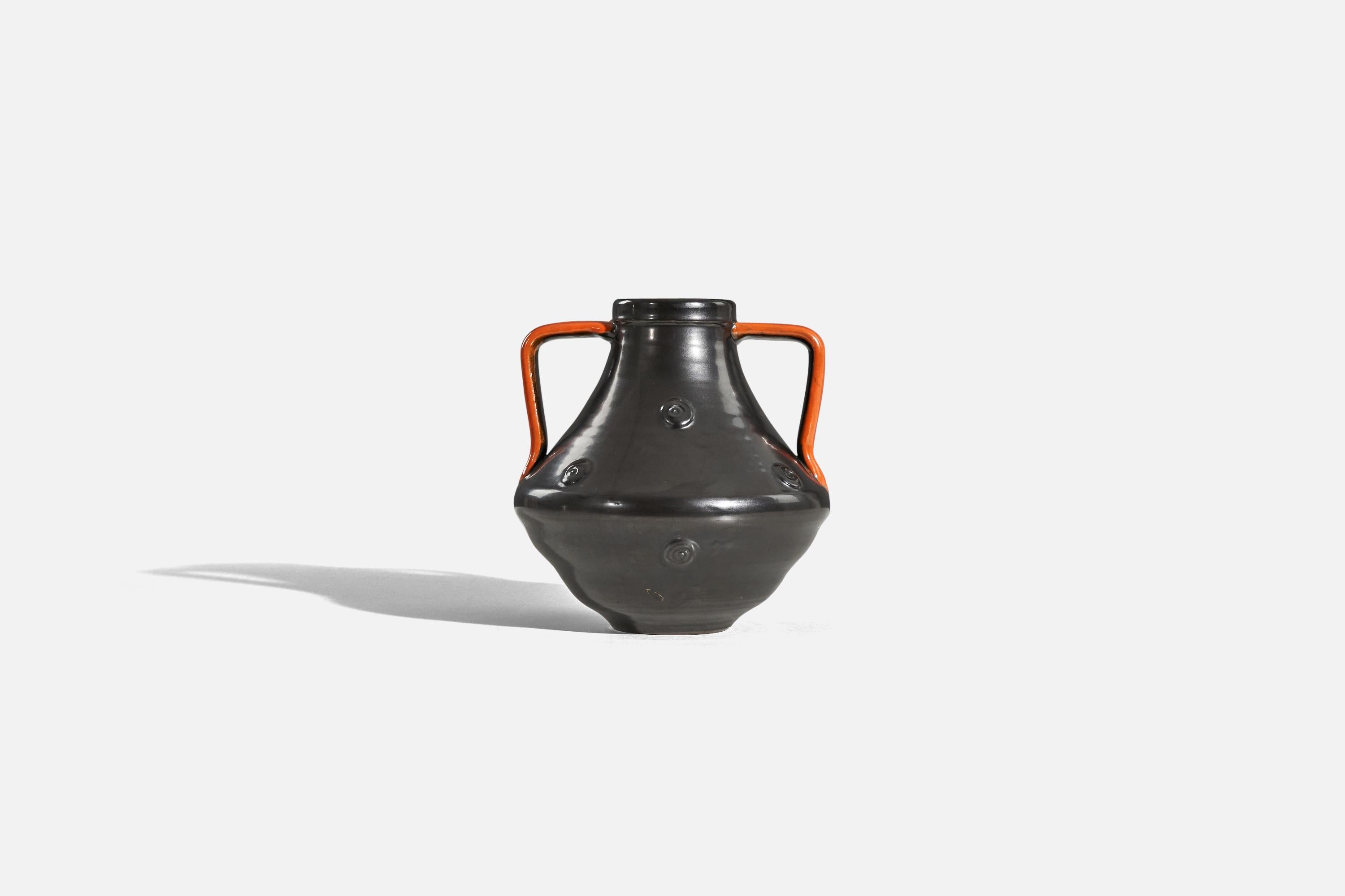 A black and orange, glazed earthenware vase designed and produced by Upsala-Ekeby, Sweden, 1940s.


