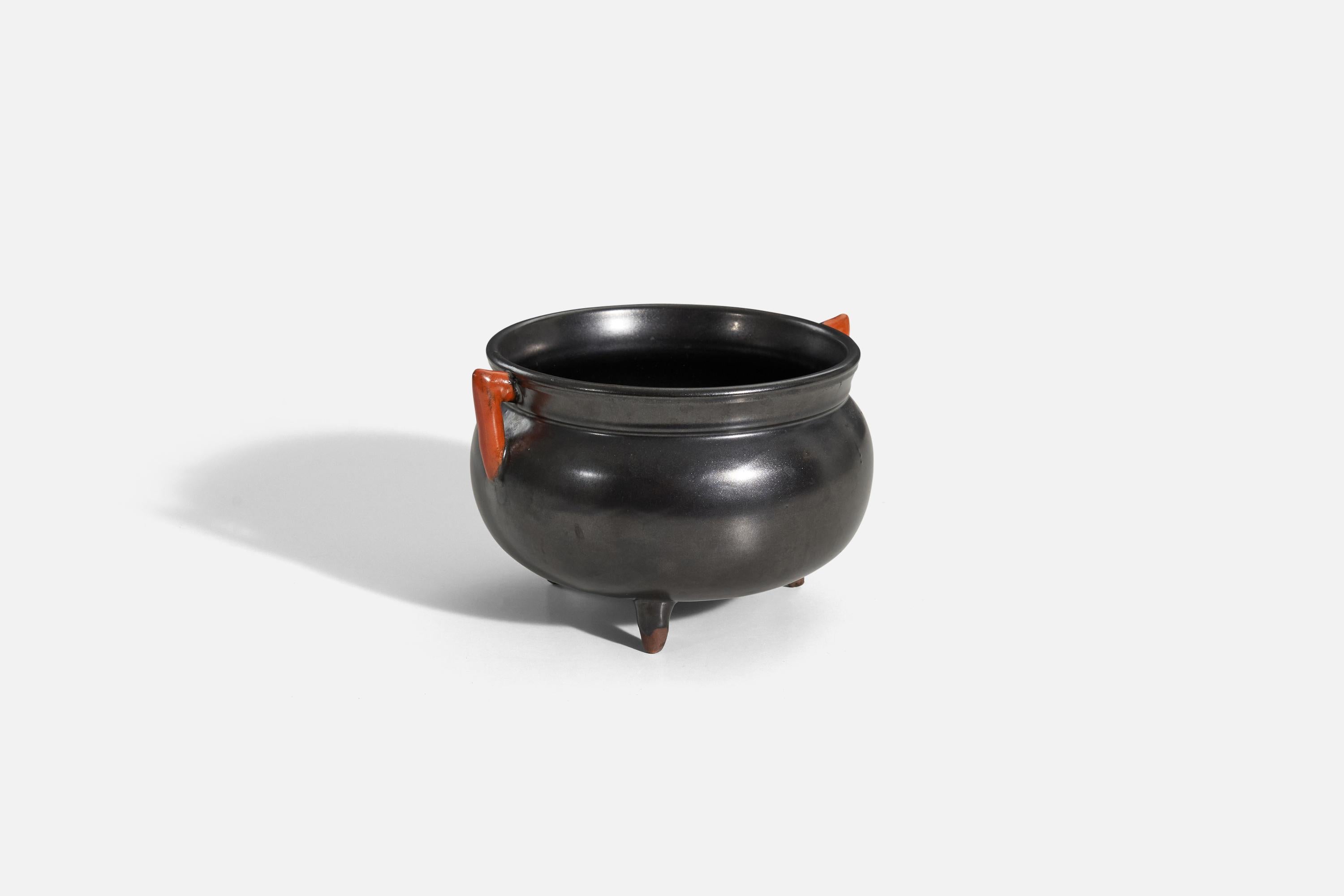 Scandinavian Modern Upsala-Ekeby, Vase, Black and Orange-Glazed Earthenware, Sweden, 1940s For Sale