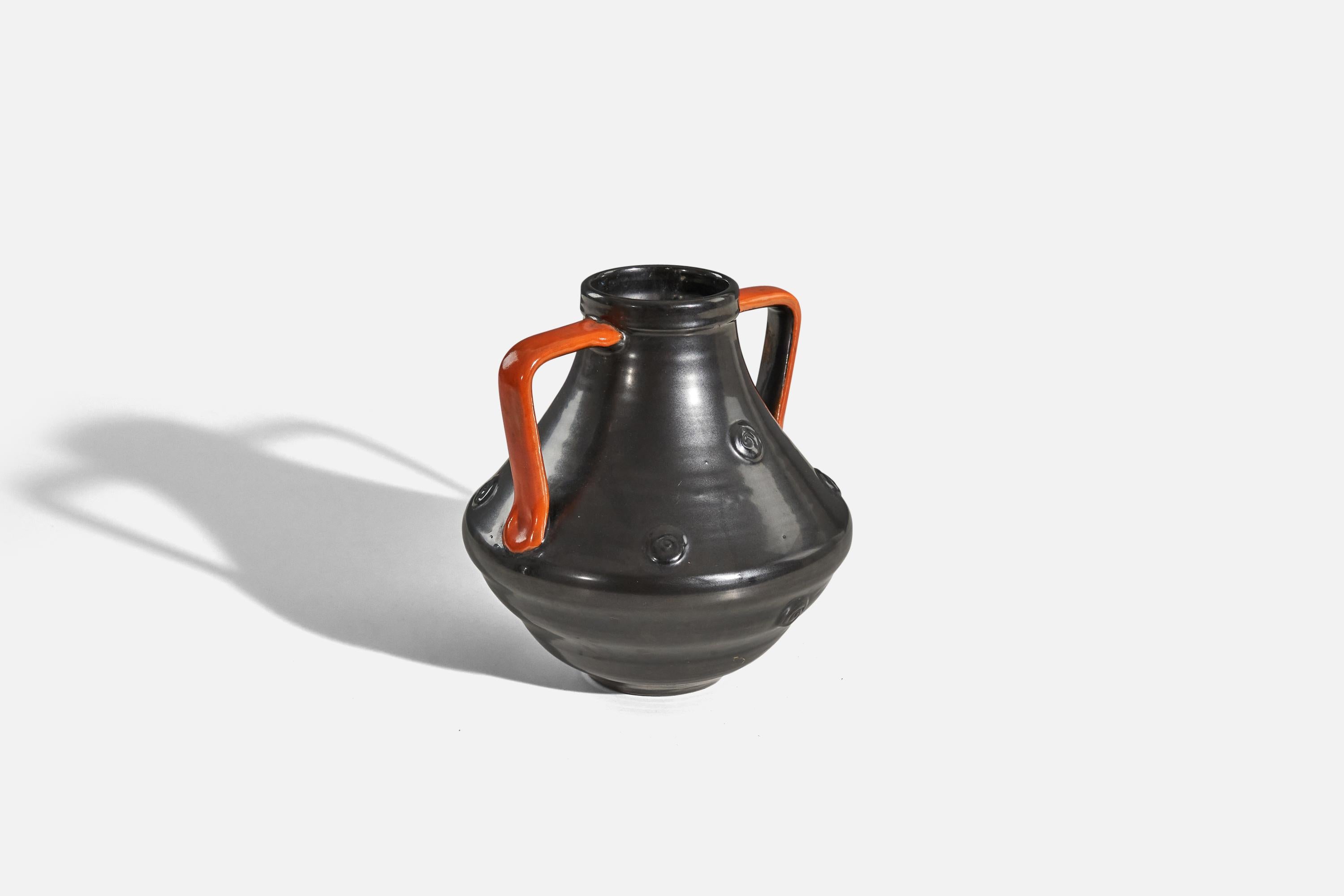 Scandinavian Modern Upsala-Ekeby, Vase, Black and Orange-Glazed Earthenware, Sweden, 1940s For Sale
