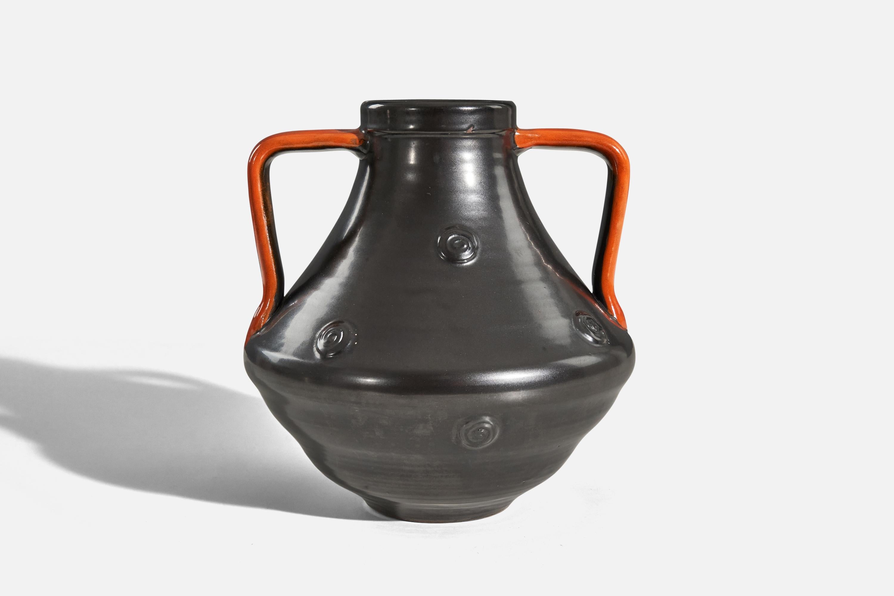 Swedish Upsala-Ekeby, Vase, Black and Orange-Glazed Earthenware, Sweden, 1940s For Sale