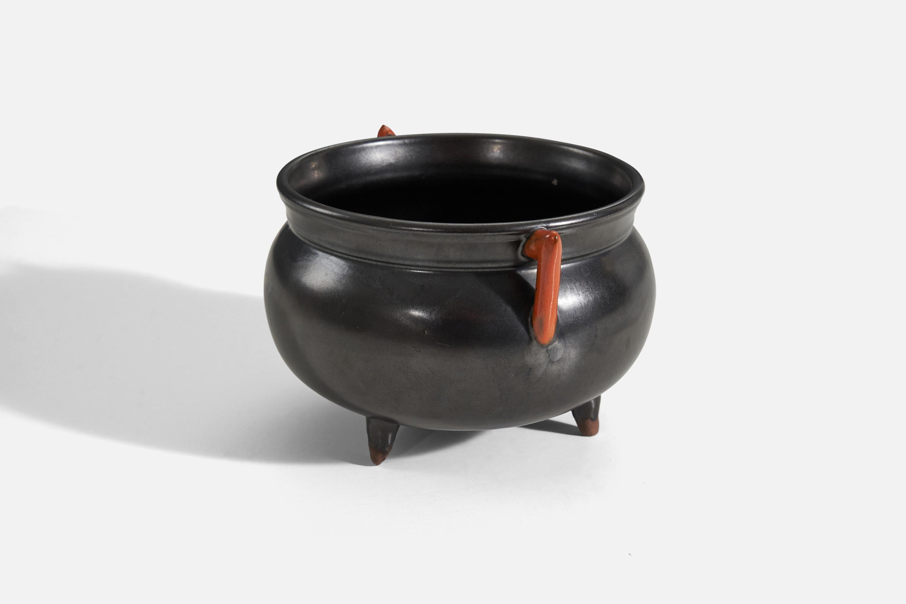 Mid-20th Century Upsala-Ekeby, Vase, Black and Orange-Glazed Earthenware, Sweden, 1940s For Sale
