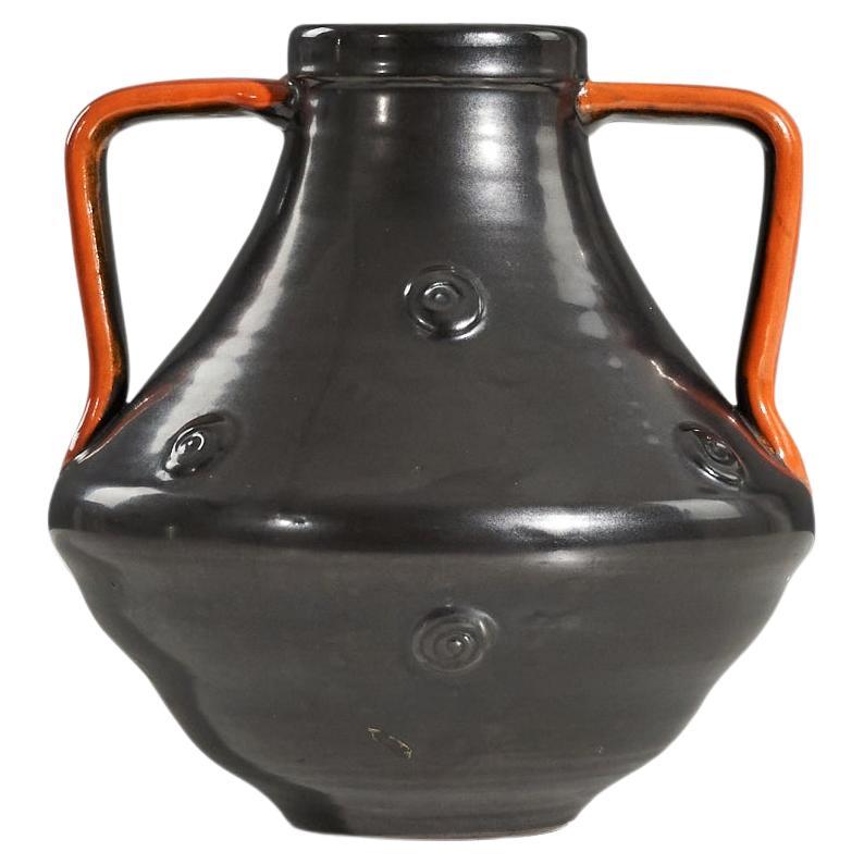 Upsala-Ekeby, Vase, Black and Orange-Glazed Earthenware, Sweden, 1940s For Sale