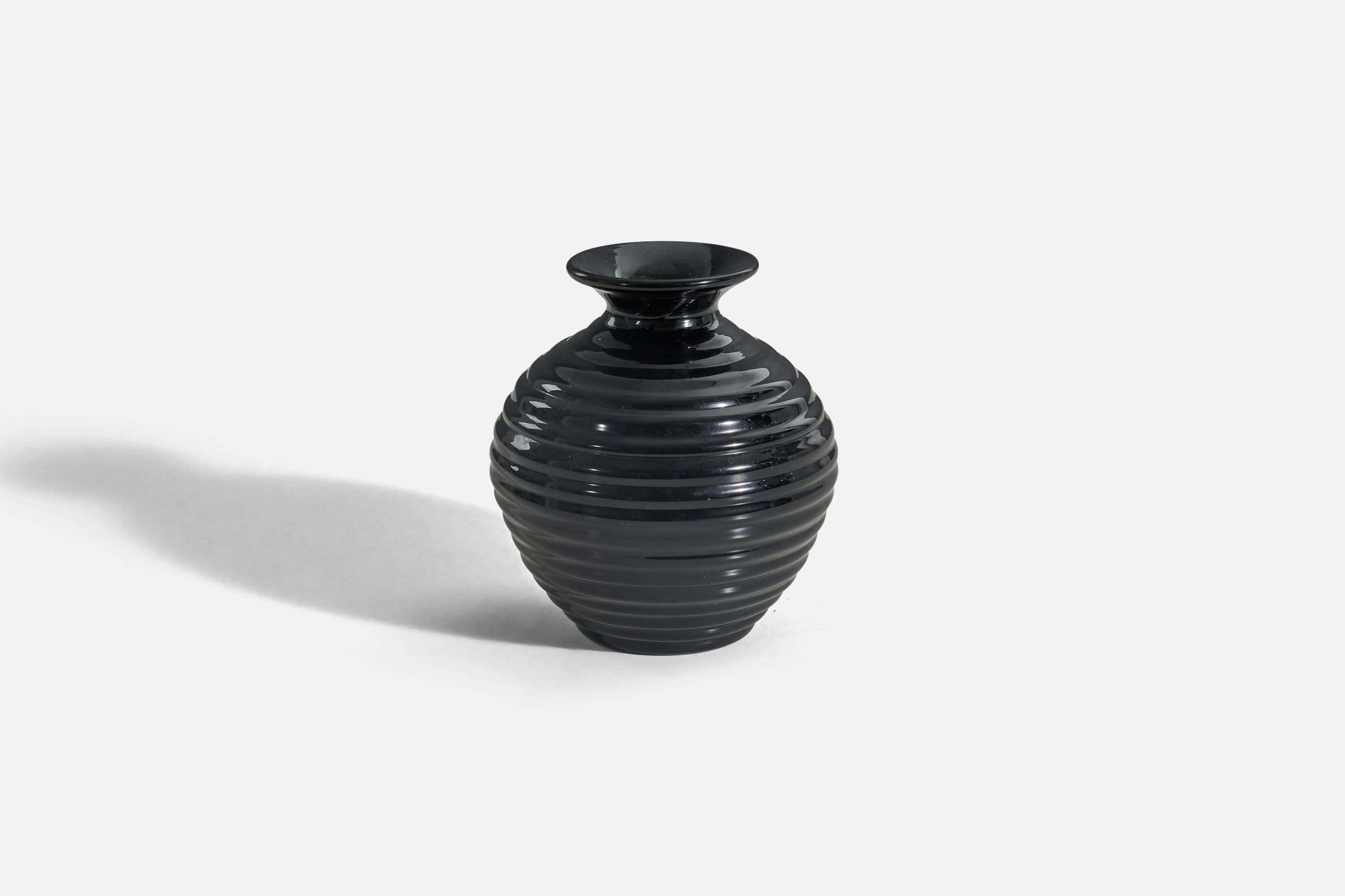 A black, glazed earthenware vase designed and produced by Upsala-Ekeby, Sweden, 1940s. 

