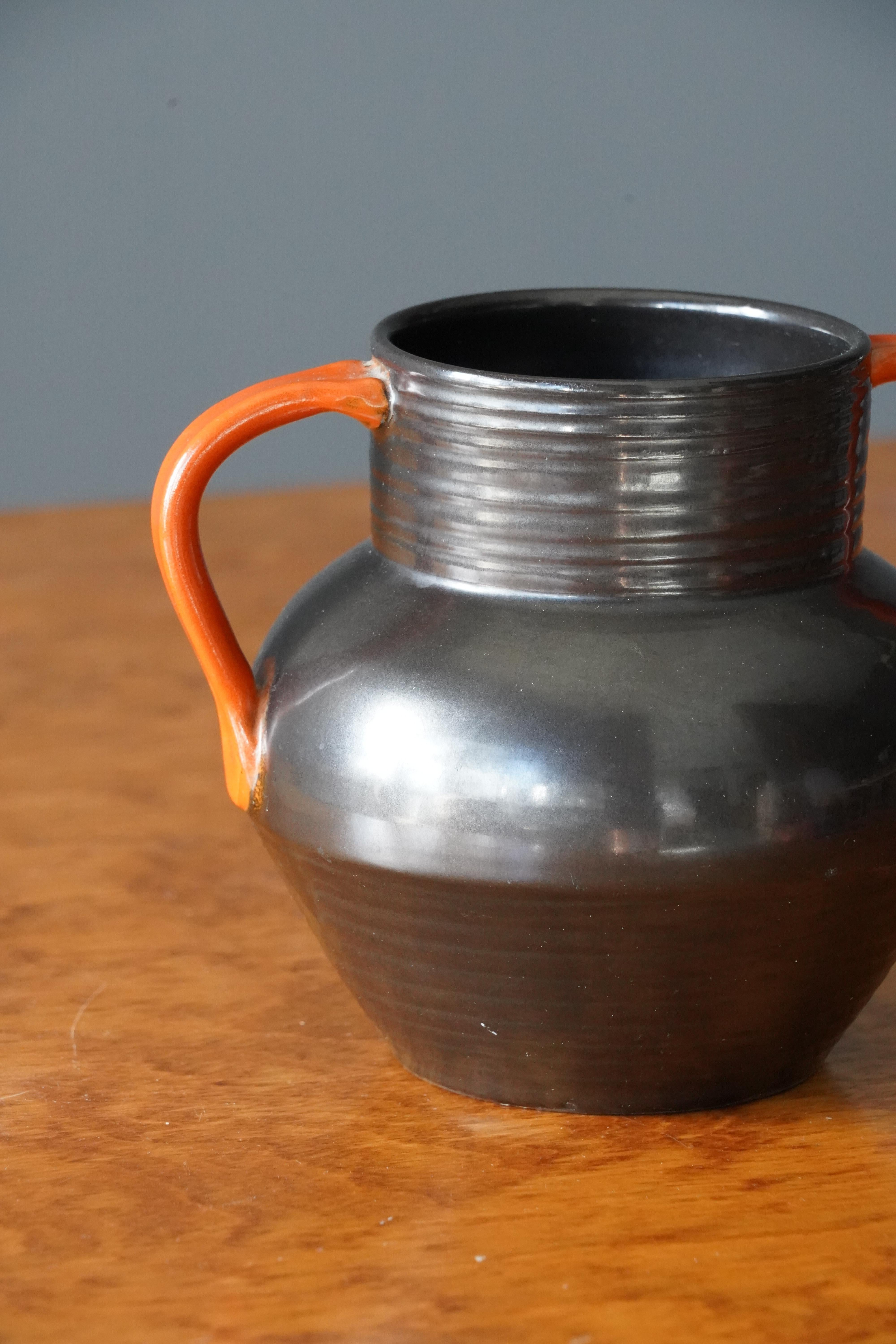 Art Deco Upsala-Ekeby, Vase, Black Orange Glazed Earthenware, Sweden, 1940s
