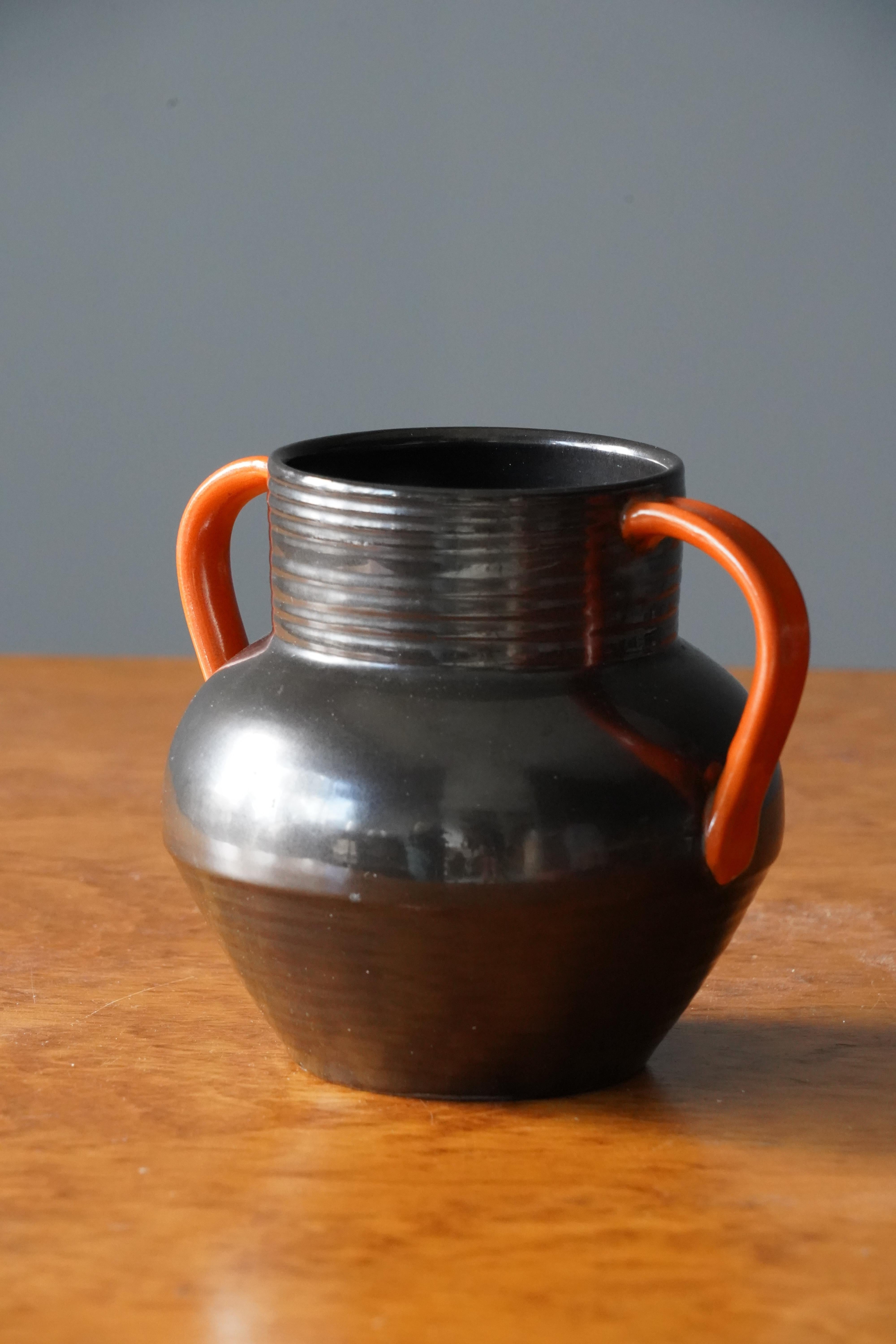 Upsala-Ekeby, Vase, Black Orange Glazed Earthenware, Sweden, 1940s In Good Condition In High Point, NC