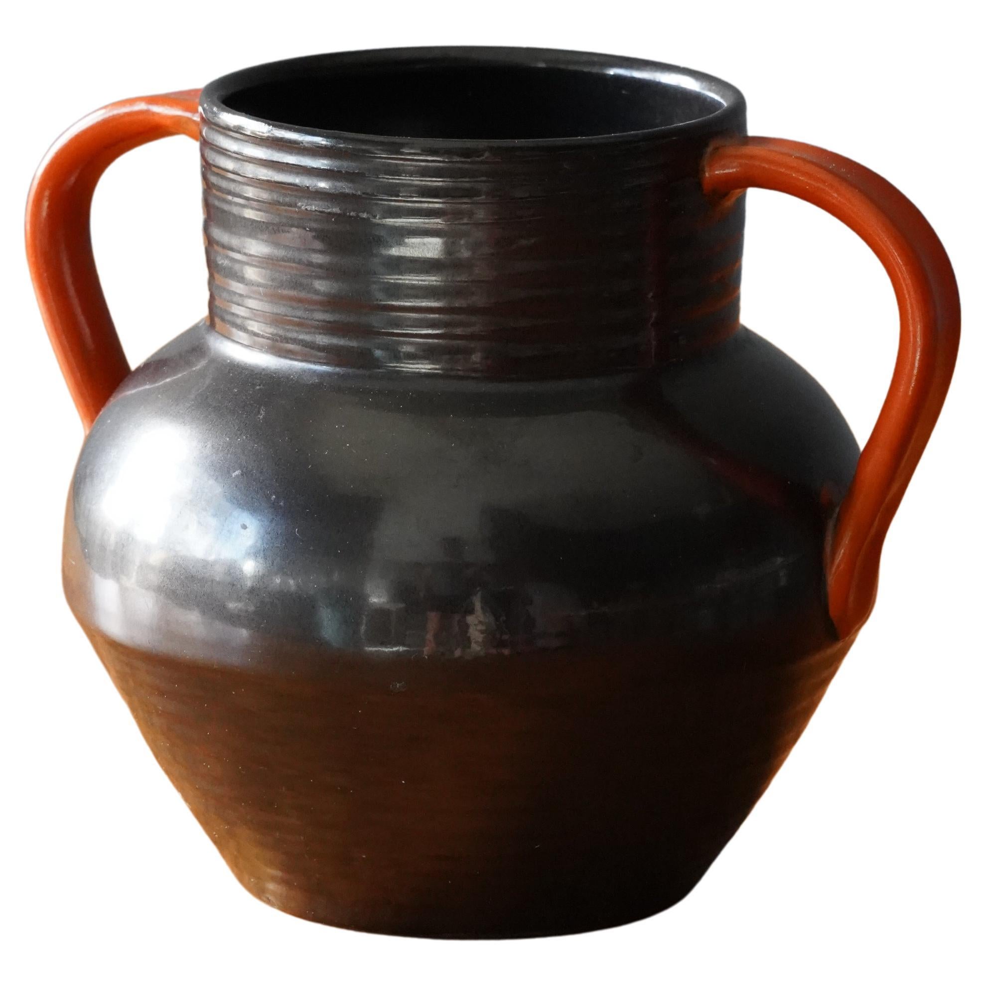 Upsala-Ekeby, Vase, Black Orange Glazed Earthenware, Sweden, 1940s