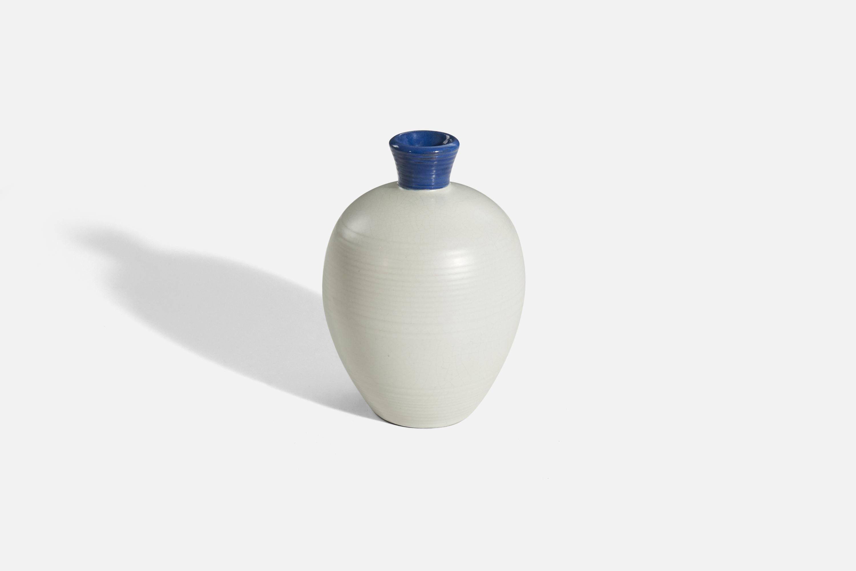 Scandinavian Modern Upsala-Ekeby, Vase, Blue and White-Glazed Earthenware, Sweden, 1940s For Sale