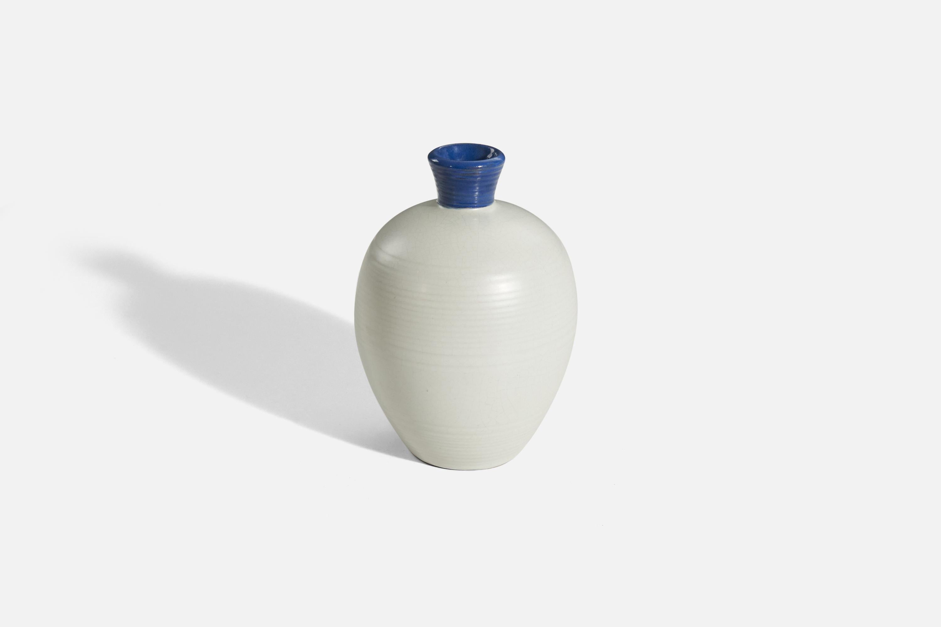 Upsala Ekeby, Jarrón, loza vidriada azul y blanca, Suecia, años 40 Escandinavo moderno en venta