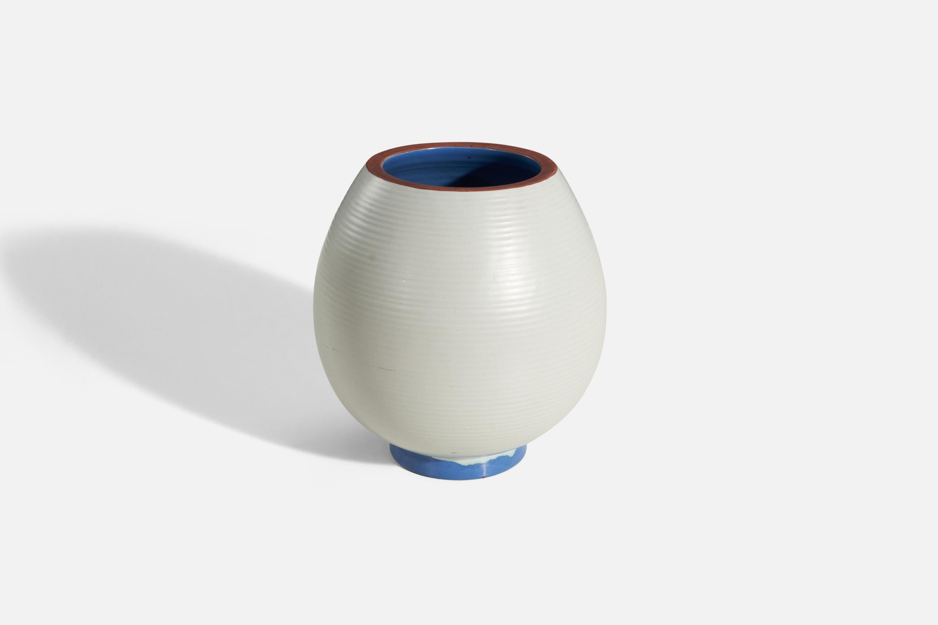 Scandinavian Modern Upsala-Ekeby, Vase, Blue And White Glazed Earthenware, Sweden, 1940s For Sale