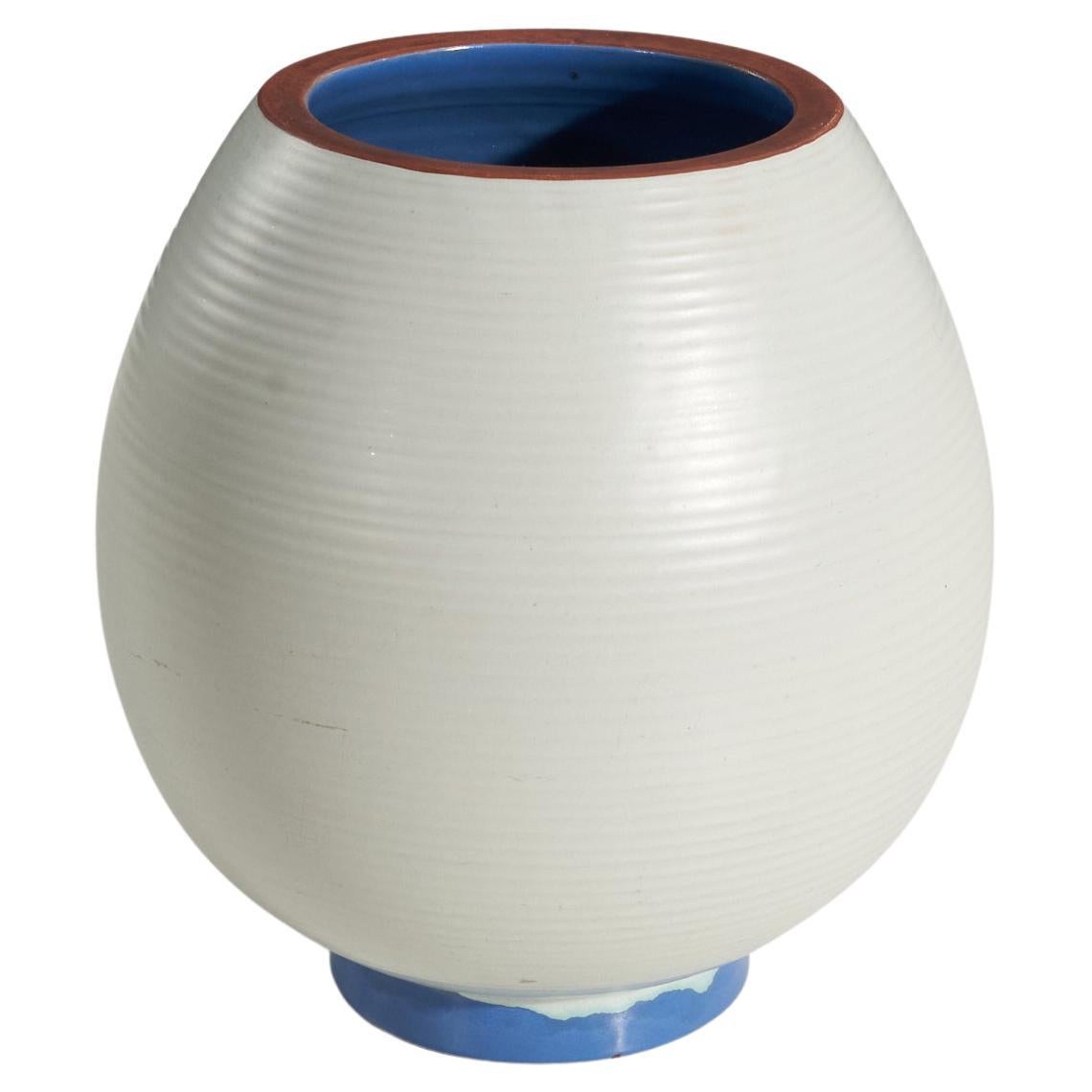 Upsala-Ekeby, Vase, Blue And White Glazed Earthenware, Sweden, 1940s