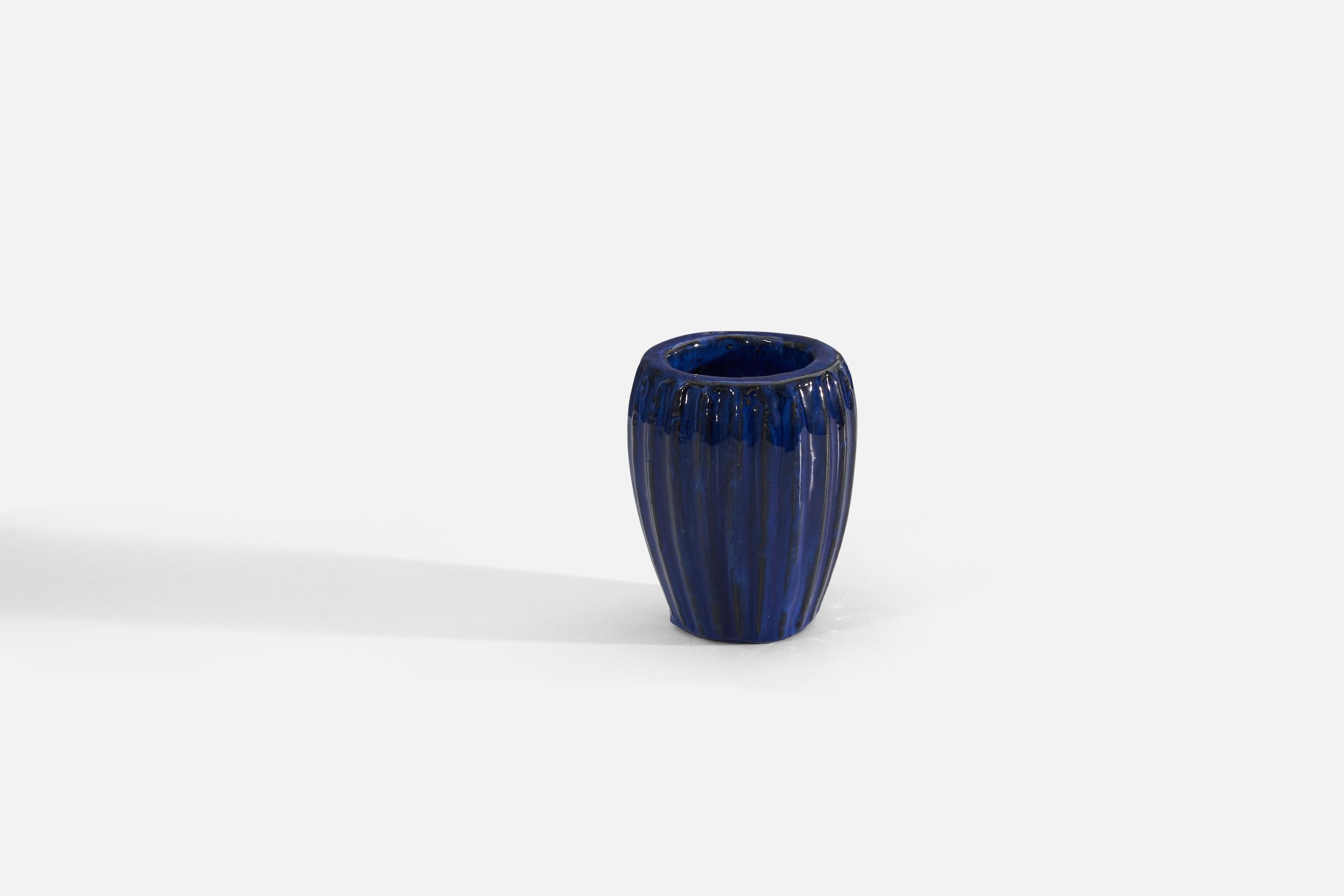 A blue-glazed earthenware vase, produced by Upsala-Ekeby, Sweden, 1940s.
 