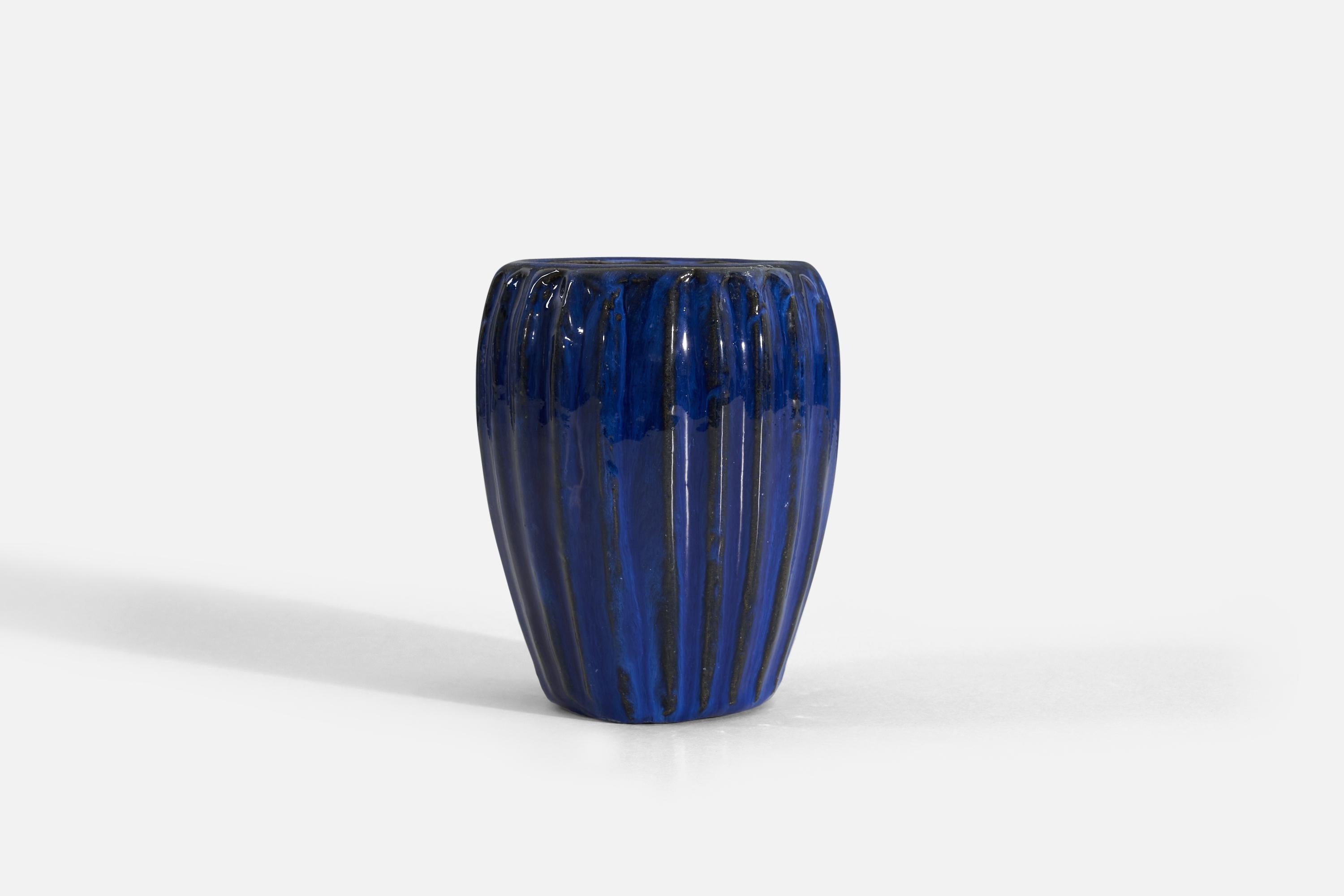 Art Deco Upsala-Ekeby, Vase, Blue-Glazed Earthenware, Sweden, 1940s For Sale