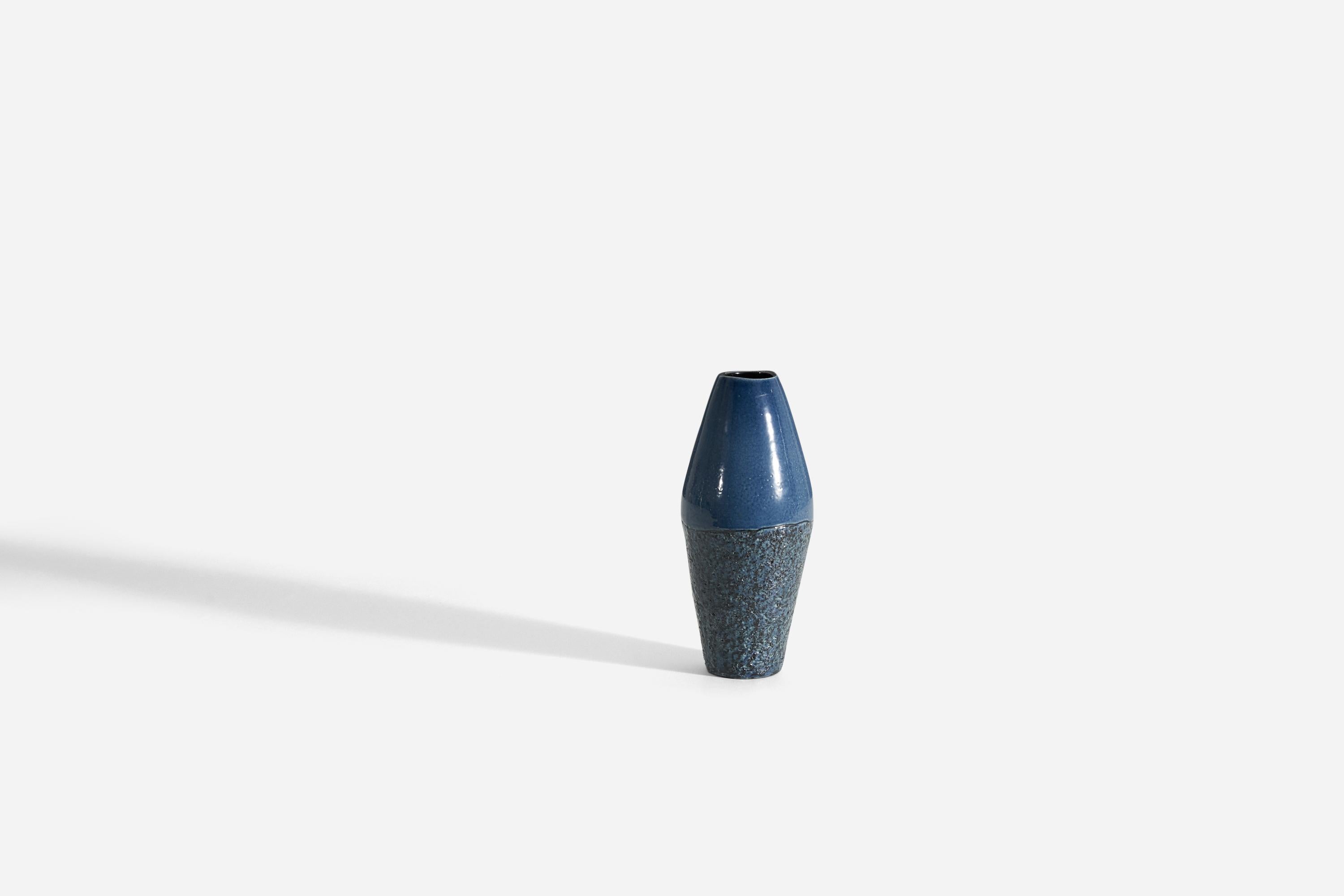 A blue-glazed earthenware vase designed by Ingrid Atterberg and produced by Upsala-Ekeby, Sweden, 1959-1960. 
 