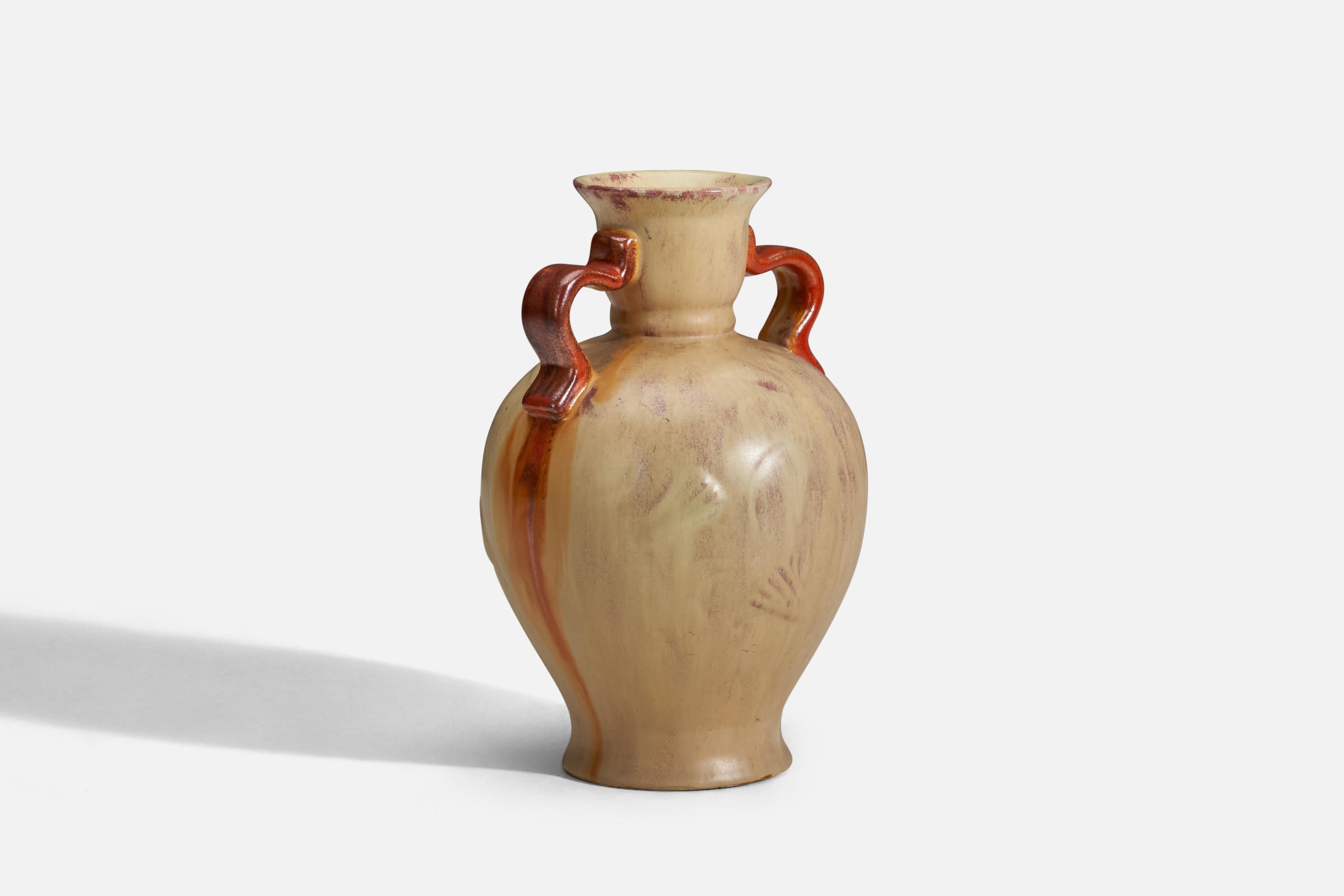 A cream and red glazed earthenware vase designed and produced by Upsala-Ekeby, Sweden, 1940s.