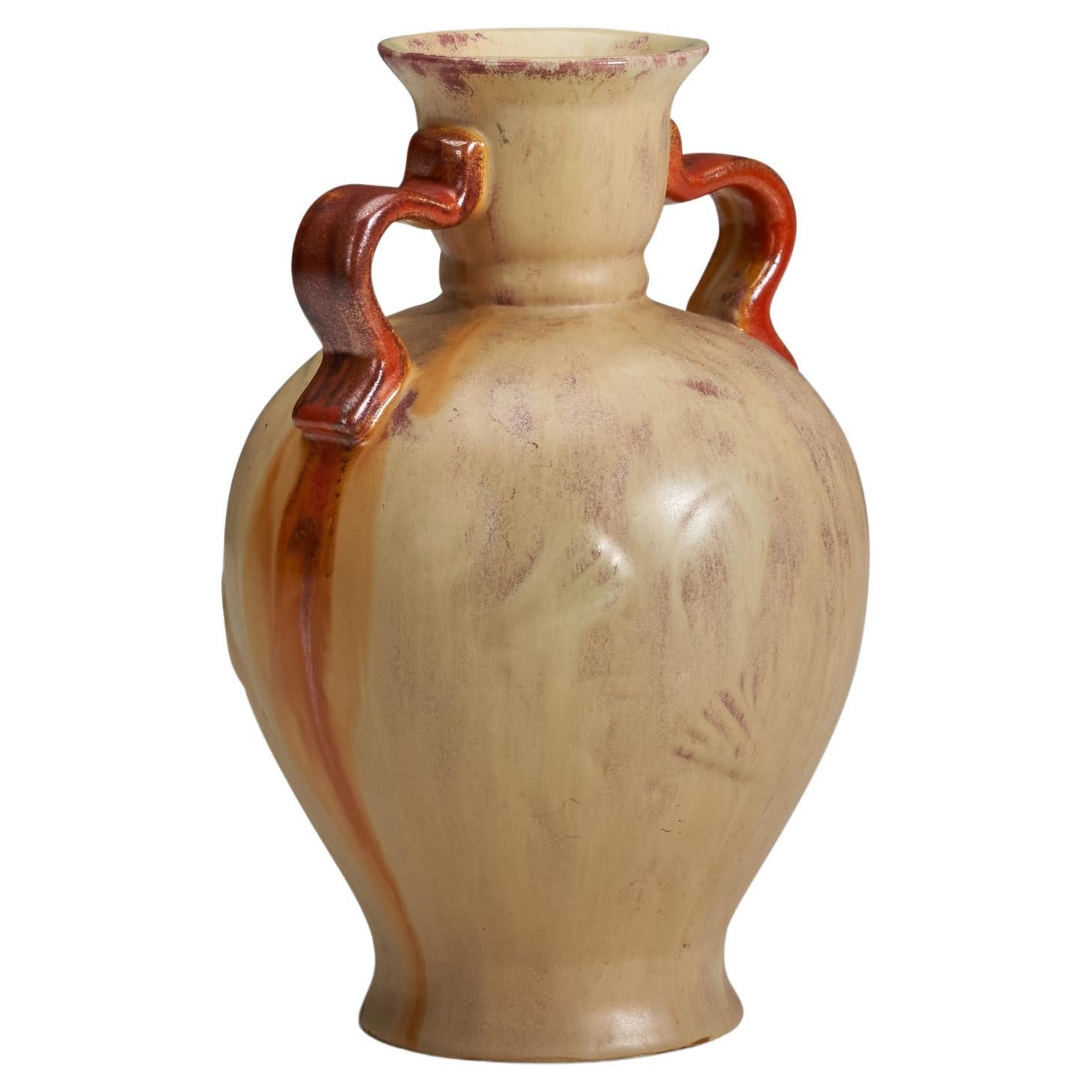 Upsala-Ekeby, Vase, Cream and Red Glazed Earthenware, Sweden, 1940s For Sale